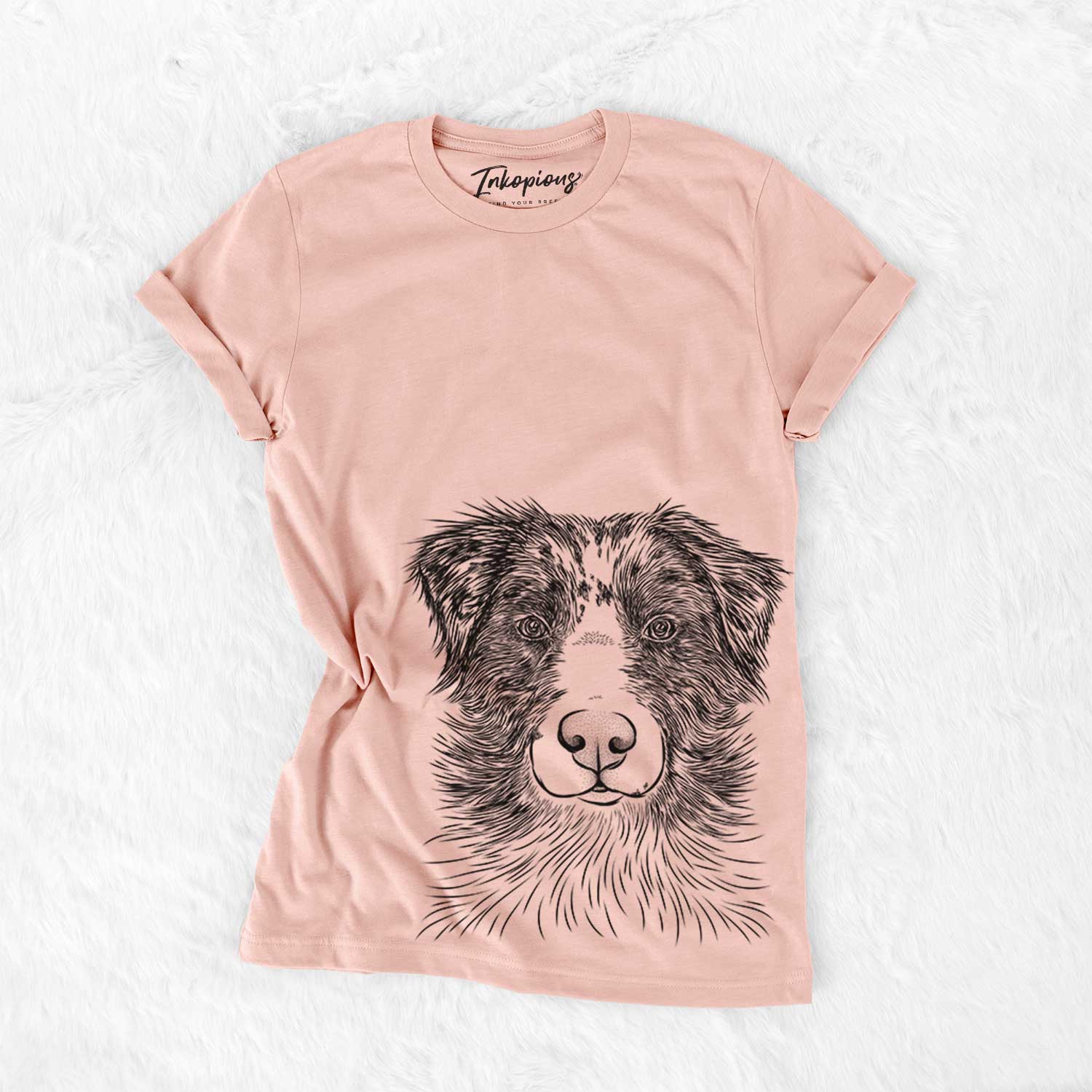 Hand-drawn sketch of Gram the Australian Shepherd on a Peach Bella Canvas Unisex Crewneck