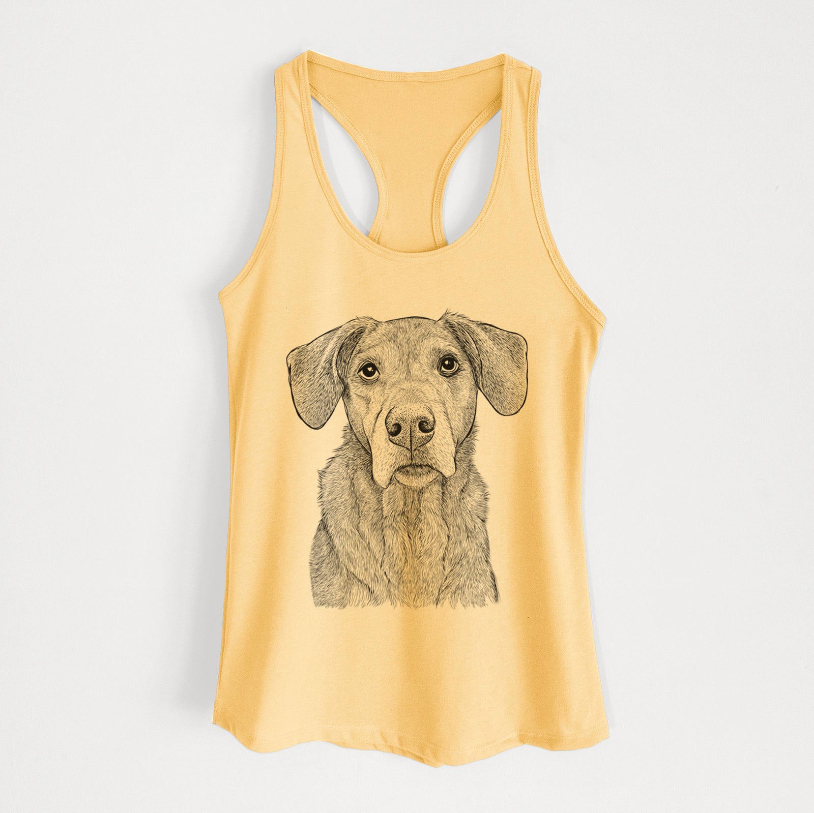 Hand-drawn sketch of Gravy the Plott Hound Beagle Mix on a Banana Cream Women's racerback tanktop