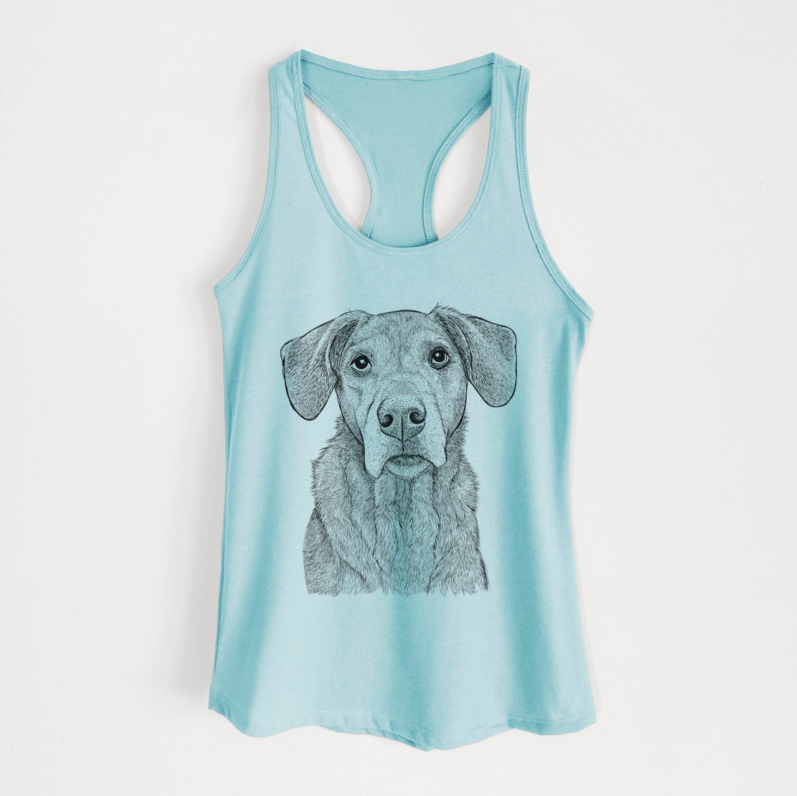 Hand-drawn sketch of Gravy the Plott Hound Beagle Mix on a Cancun Blue Women's racerback tanktop