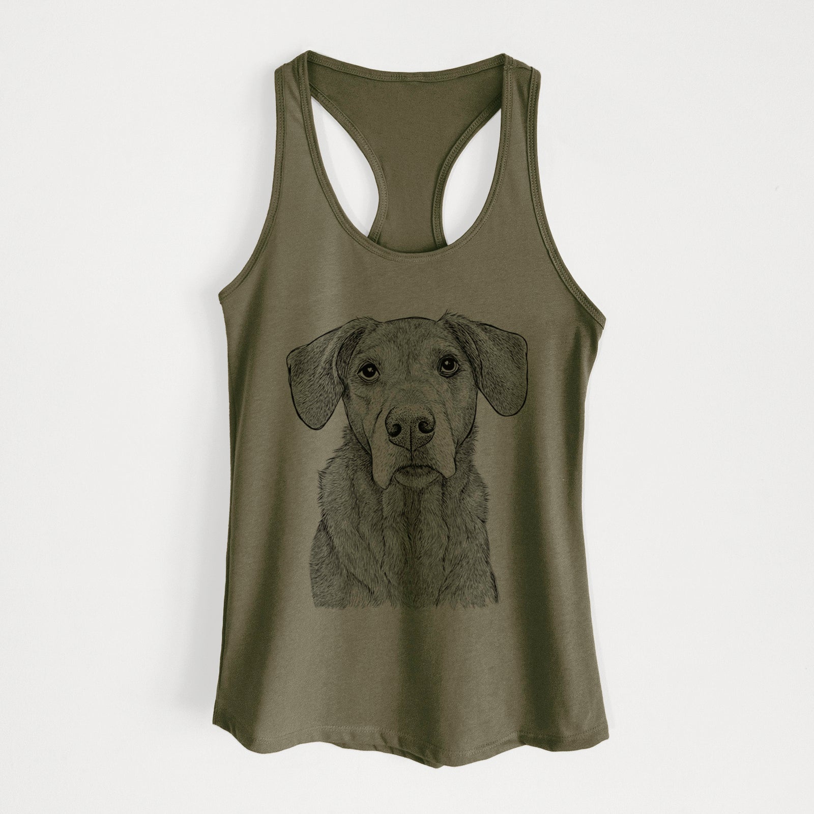 Hand-drawn sketch of Gravy the Plott Hound Beagle Mix on a Military Green Women's racerback tanktop