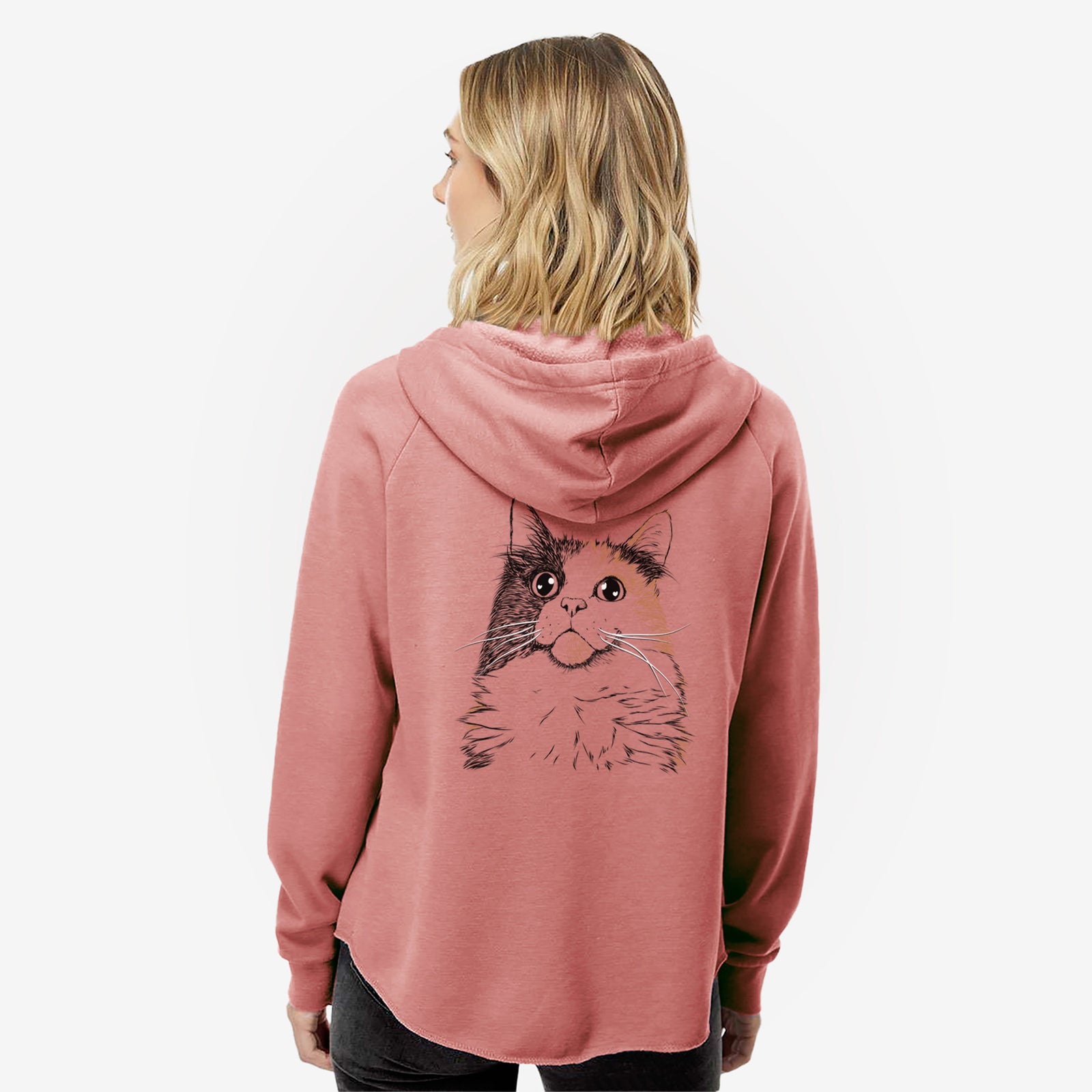 Hand-drawn sketch of Greta the Calico Cat on a Dusty Rose Women's cali wave zip-up sweatshirt