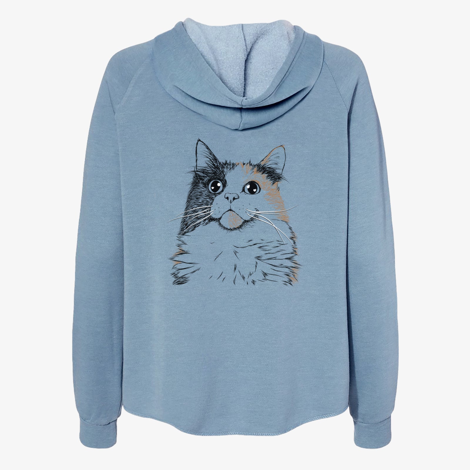 Hand-drawn sketch of Greta the Calico Cat on a Misty Blue Women's cali wave zip-up sweatshirt