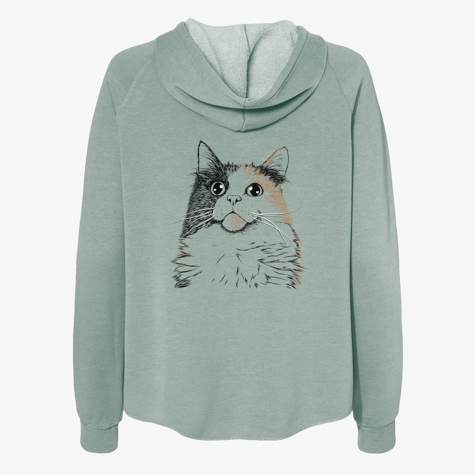Hand-drawn sketch of Greta the Calico Cat on a Sage Women's cali wave zip-up sweatshirt