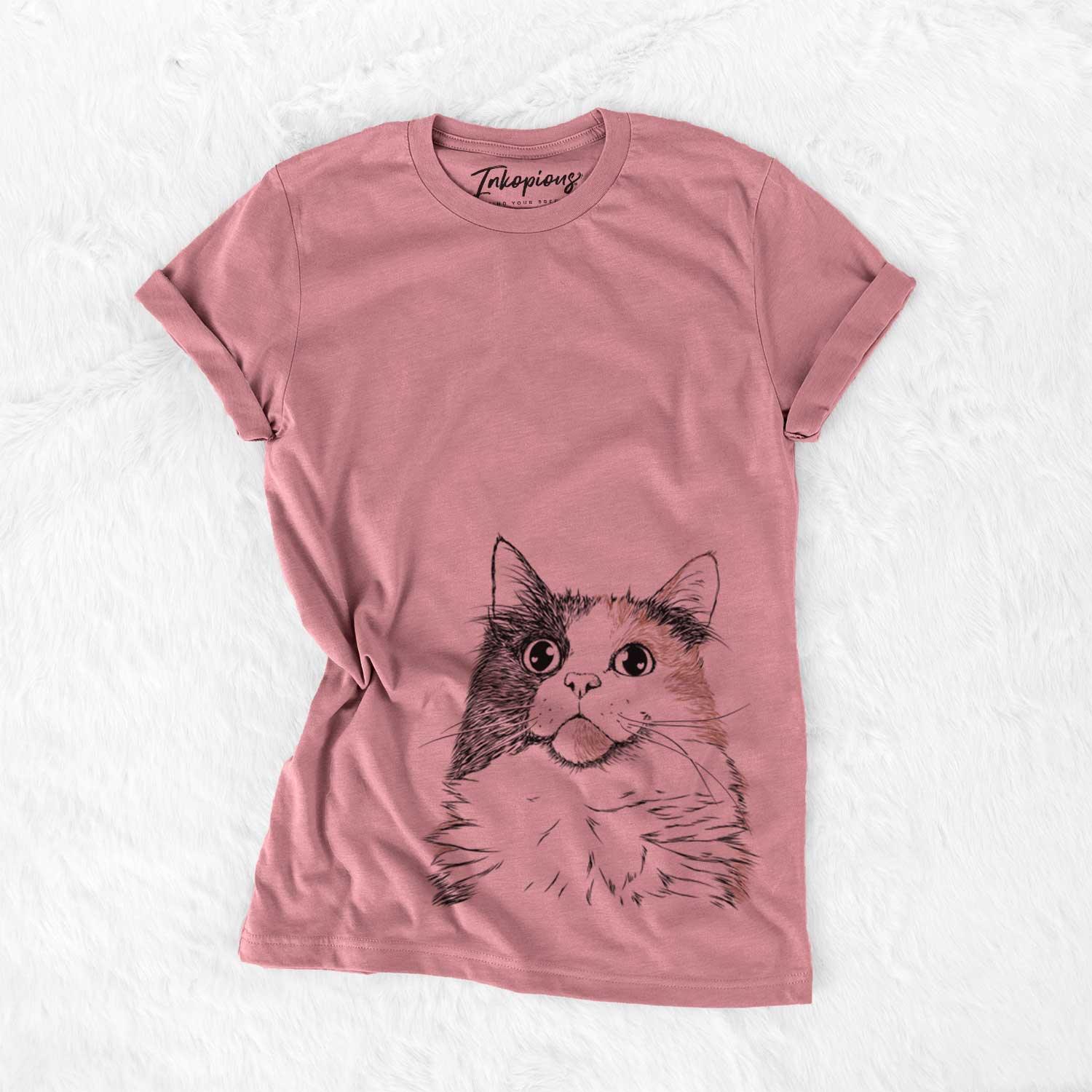 Hand-drawn sketch of Greta the Calico Cat on a Mauve Bella Canvas Unisex Crewneck
