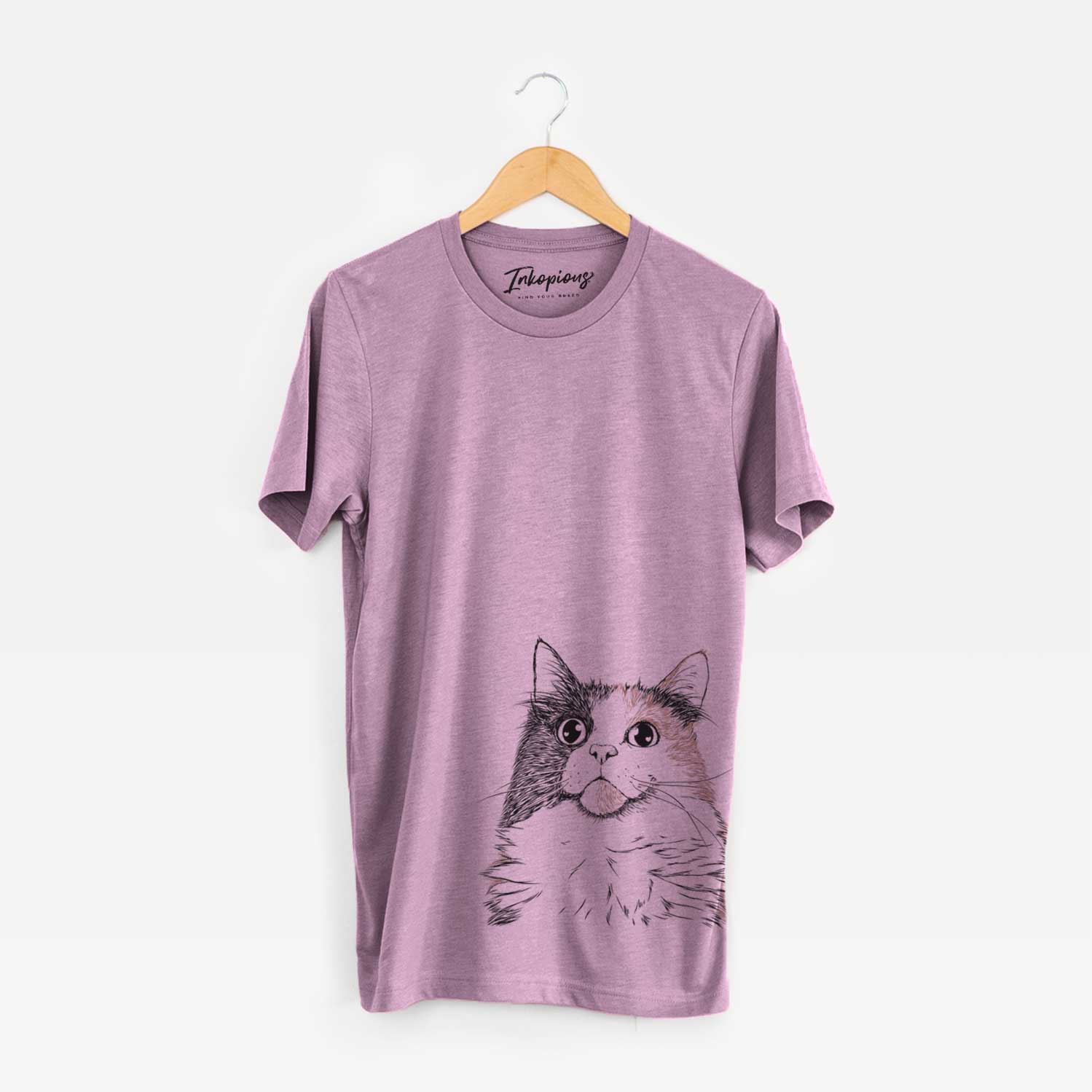 Hand-drawn sketch of Greta the Calico Cat on an Orchid Bella Canvas Unisex Crewneck