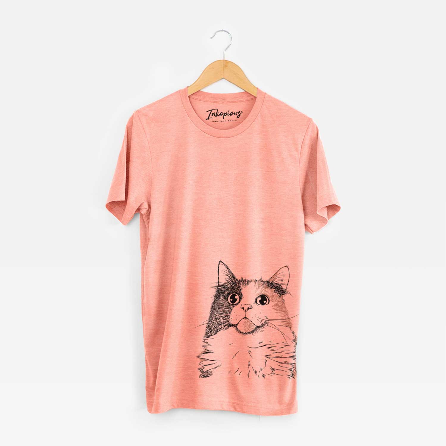 Hand-drawn sketch of Greta the Calico Cat on a Sunset Bella Canvas Unisex Crewneck