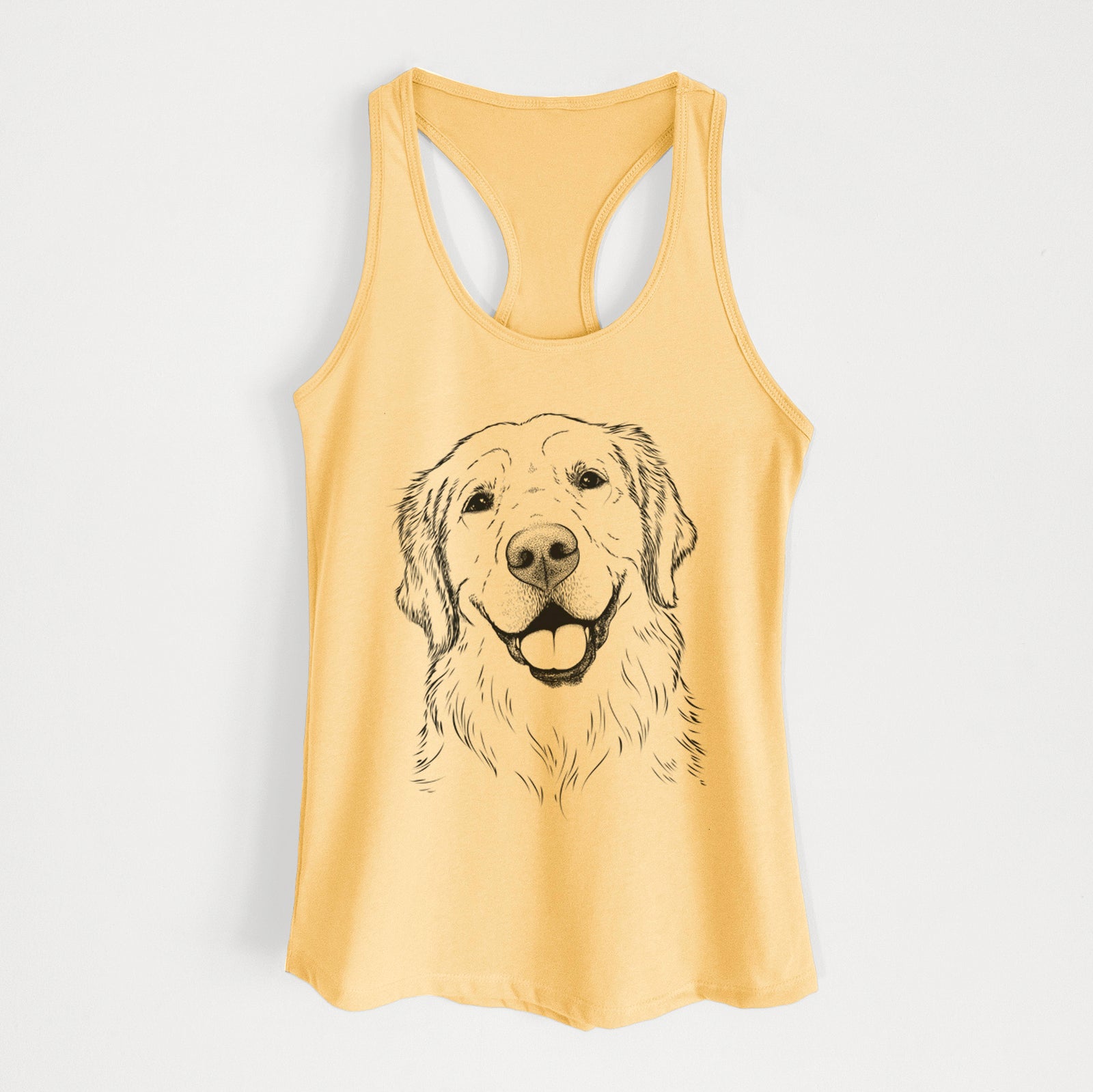 Hand-drawn sketch of Griffin the Golden Retriever on a Banana Cream Women's racerback tanktop