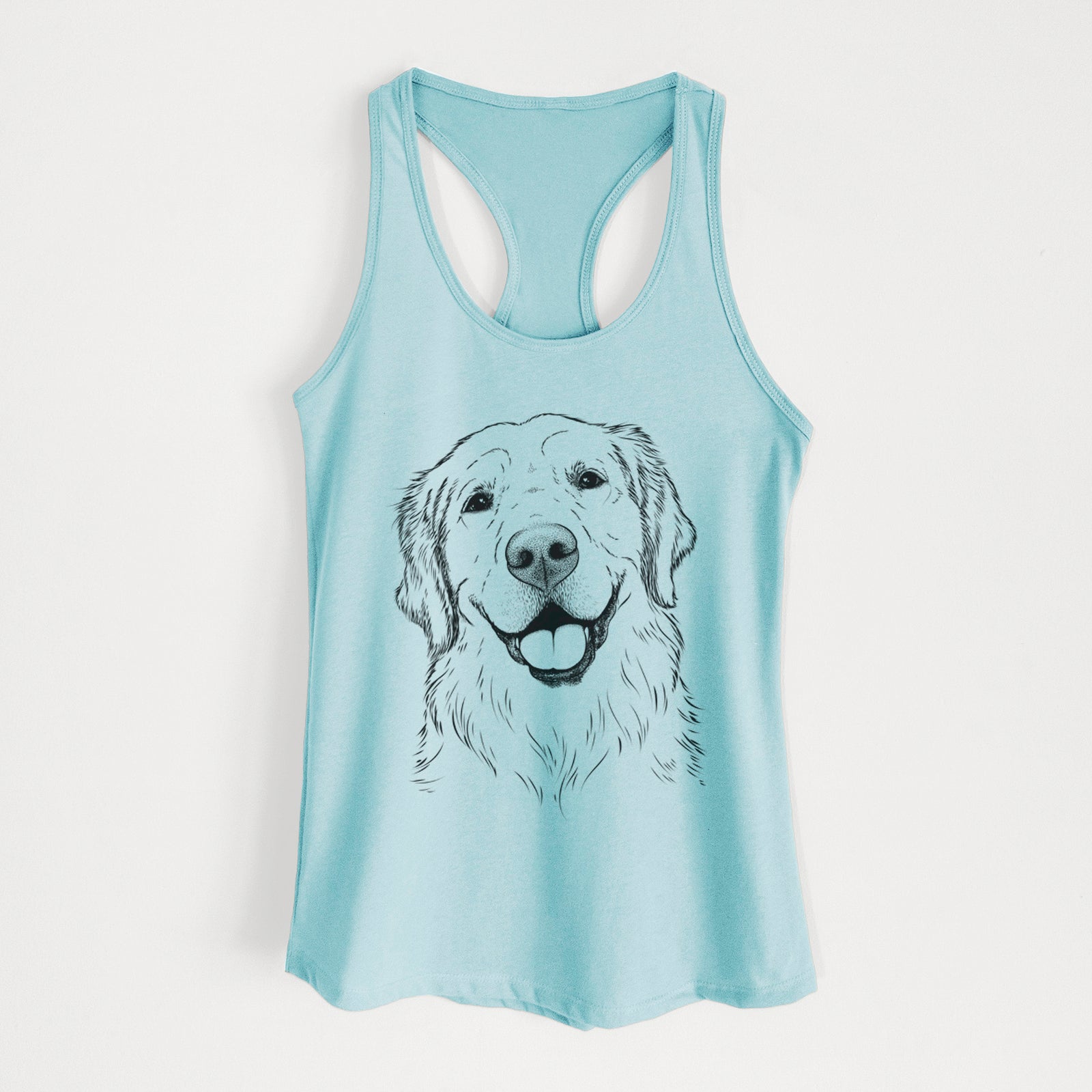 Hand-drawn sketch of Griffin the Golden Retriever on a Cancun Blue Women's racerback tanktop