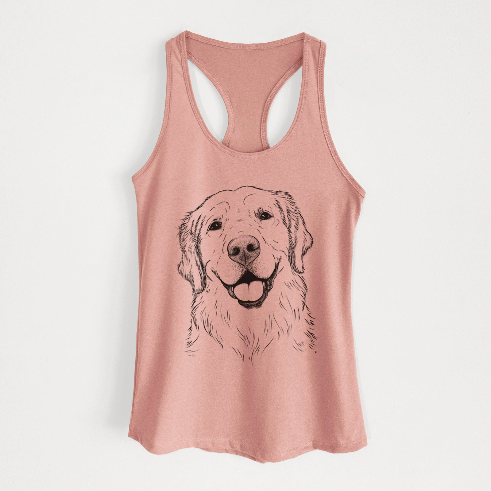 Hand-drawn sketch of Griffin the Golden Retriever on a Desert Pink Women's racerback tanktop