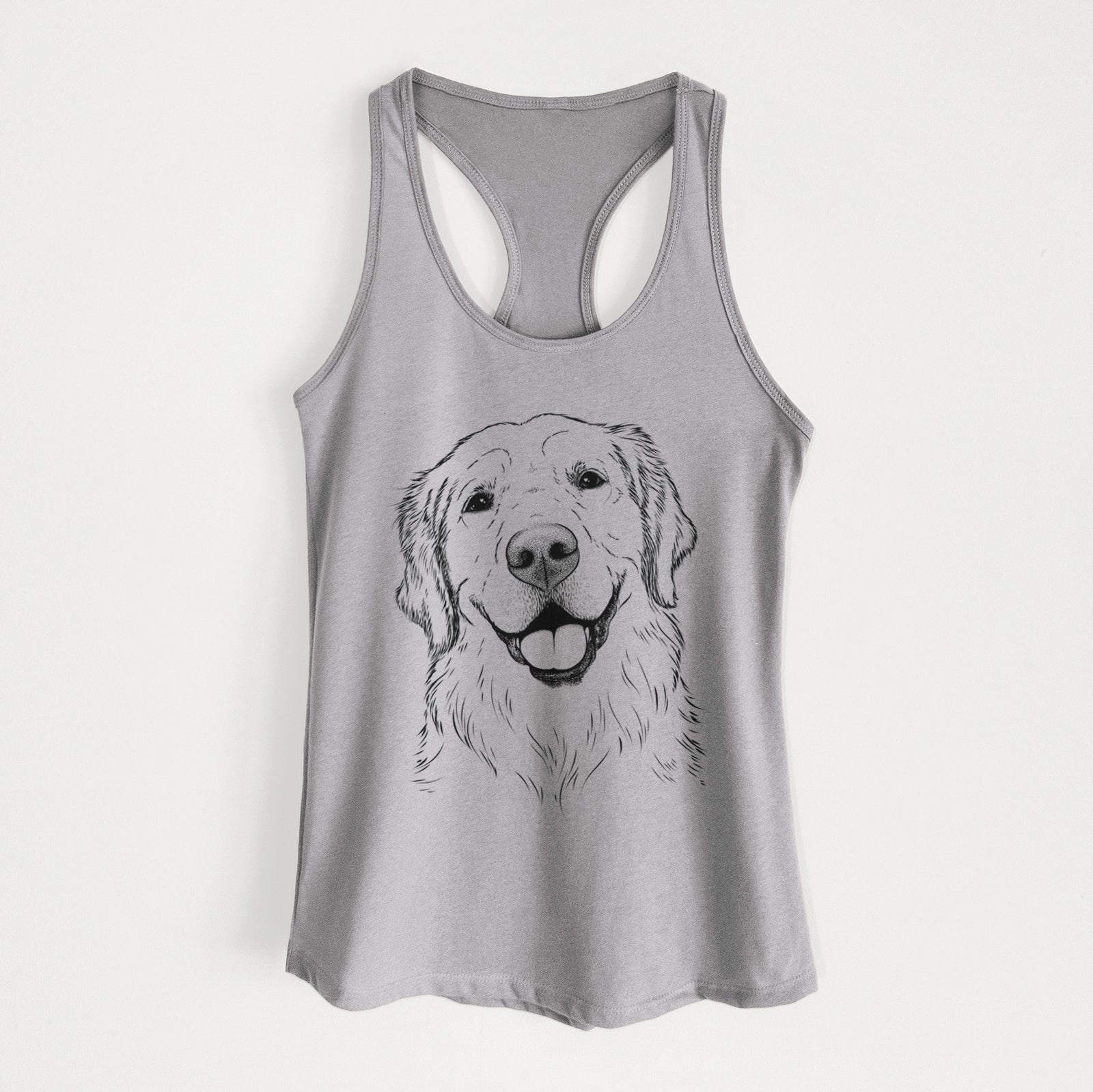 Hand-drawn sketch of Griffin the Golden Retriever on a Heather Grey Women's racerback tanktop