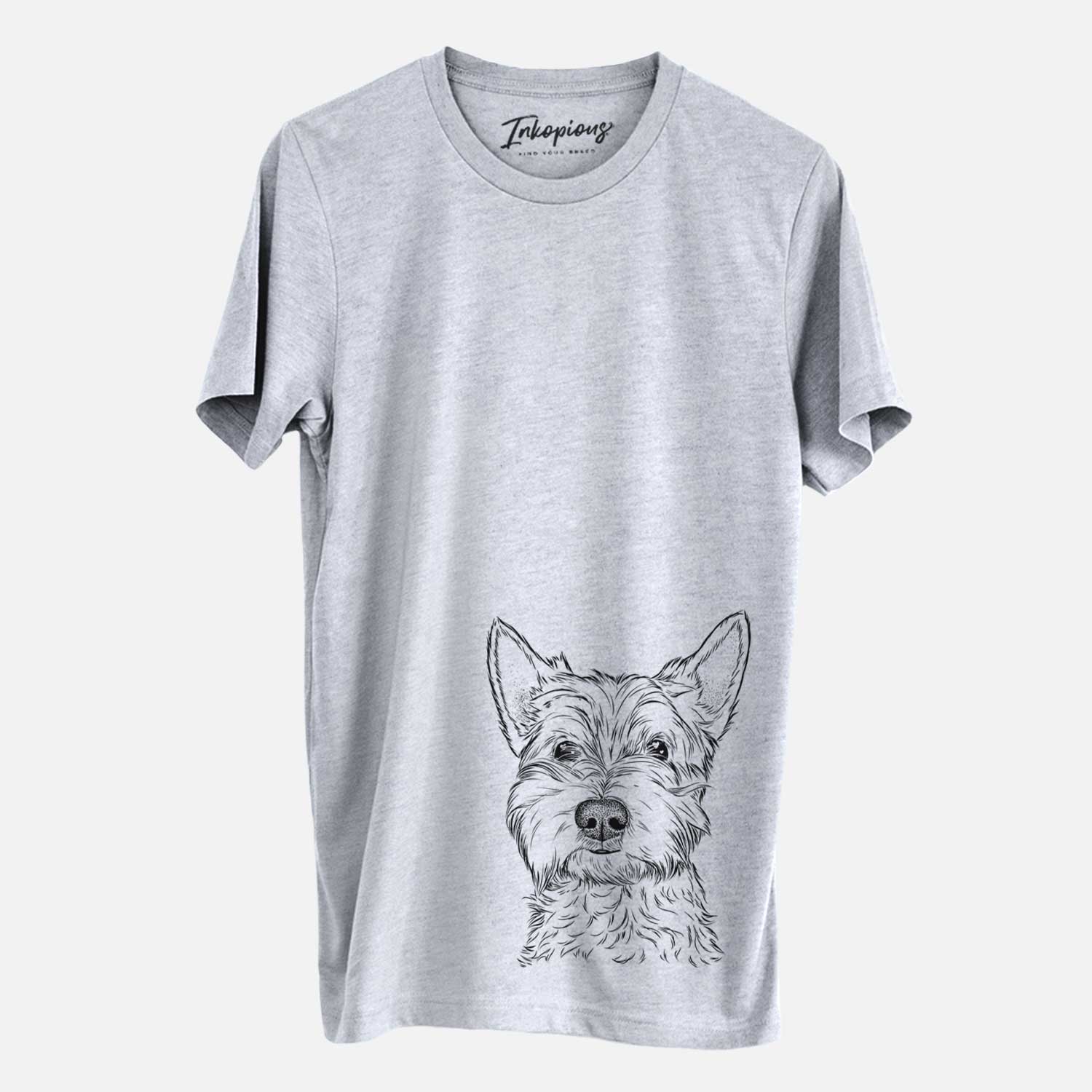 Hand-drawn sketch of Grizel the West Highland Terrier on a Grey Unisex crewneck