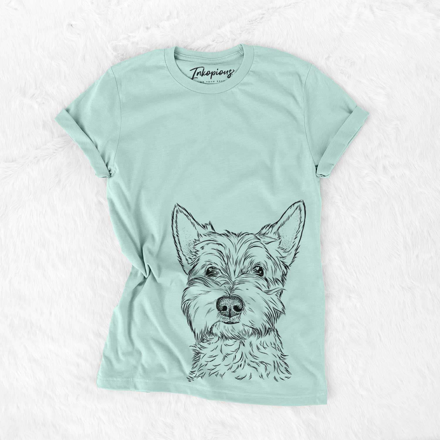Hand-drawn sketch of Grizel the West Highland Terrier on a Heather Sage Bella Canvas Unisex Crewneck