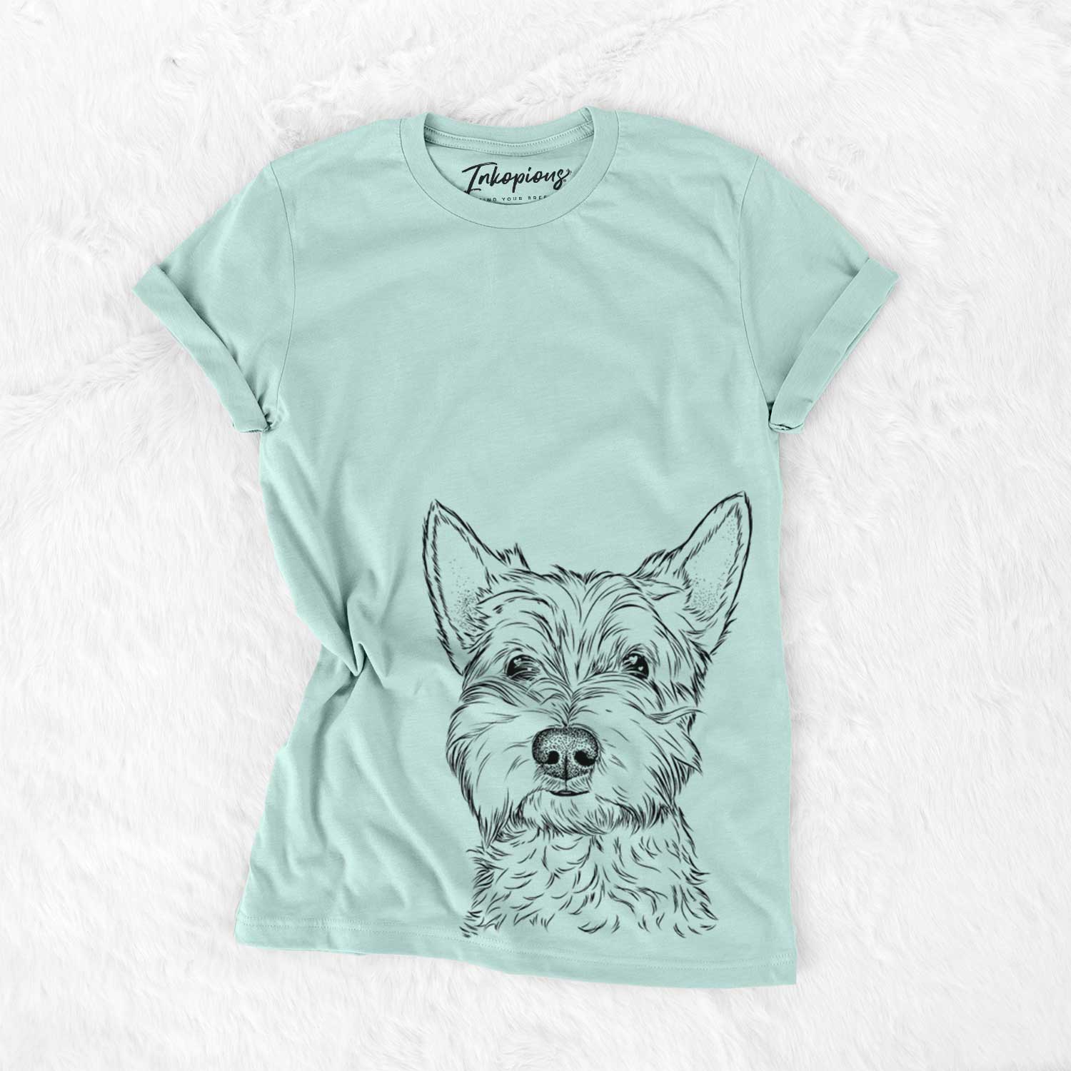 Hand-drawn sketch of Grizel the West Highland Terrier on a Heather Sage Unisex crewneck