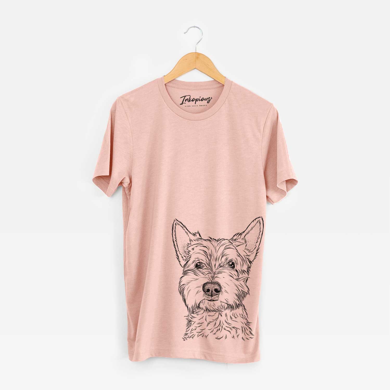 Hand-drawn sketch of Grizel the West Highland Terrier on a Peach Bella Canvas Unisex Crewneck