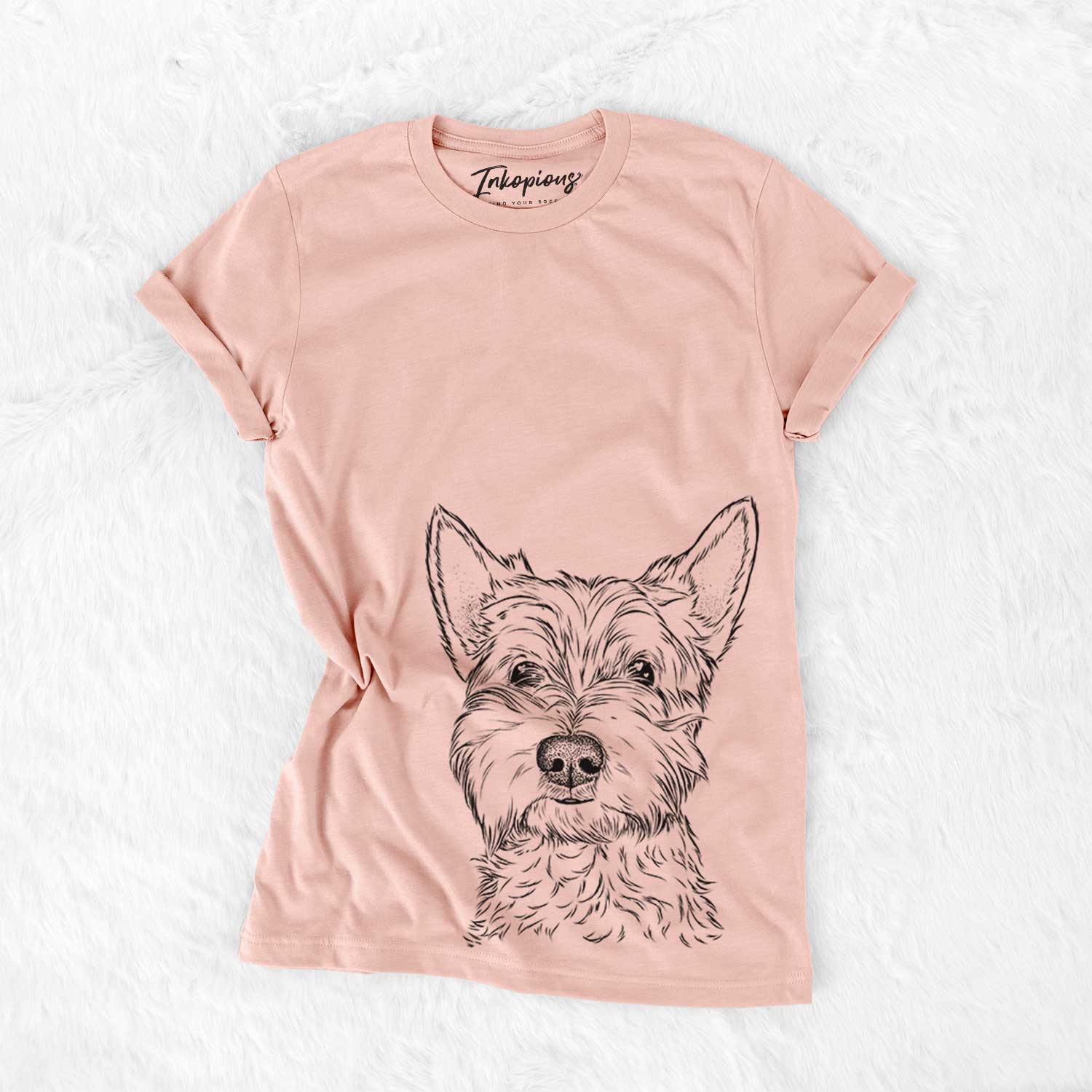 Hand-drawn sketch of Grizel the West Highland Terrier on a Peach Bella Canvas Unisex Crewneck