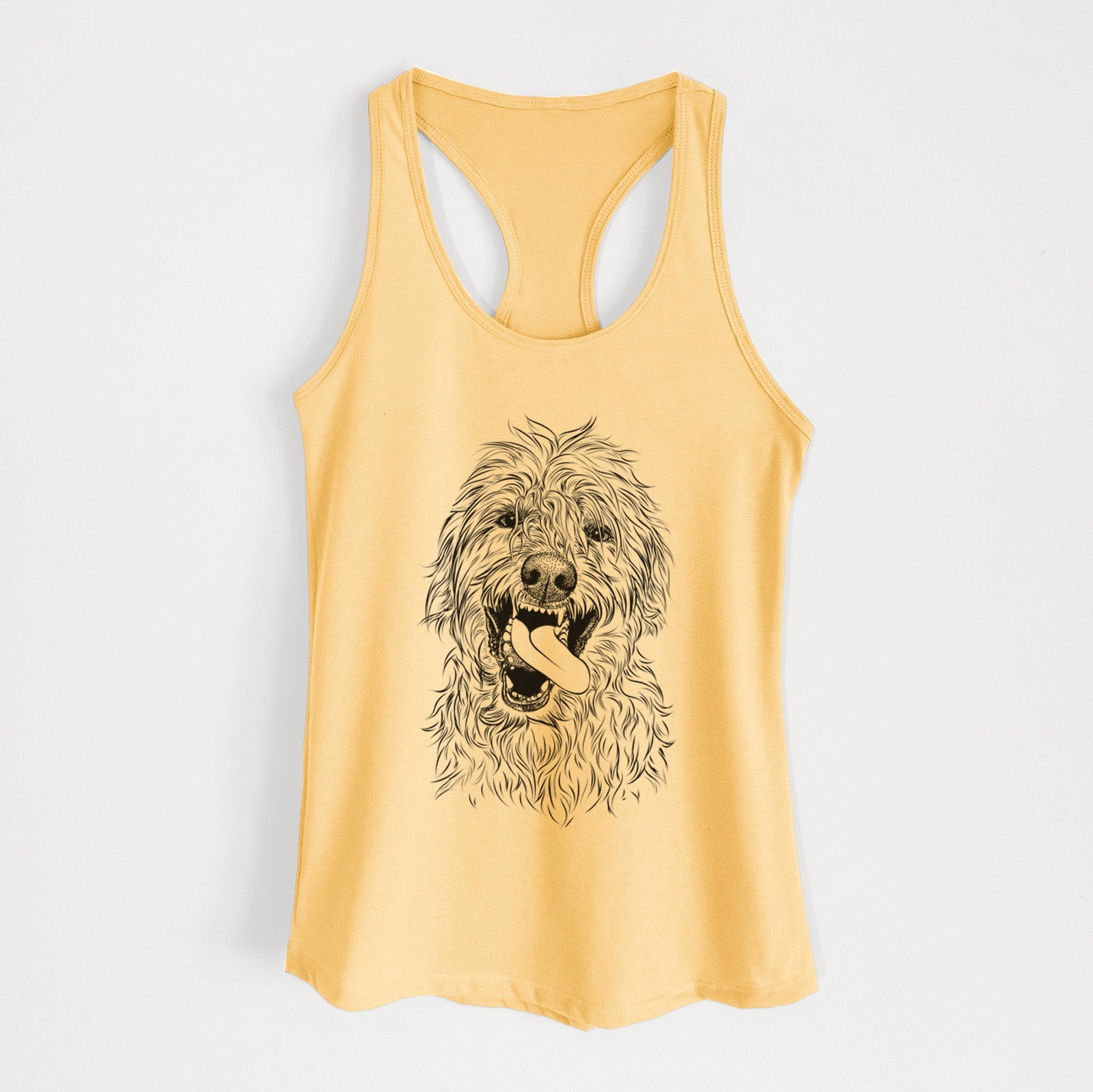 Hand-drawn sketch of Groot the Irish Wolfhound on a Banana Cream Women's racerback tanktop
