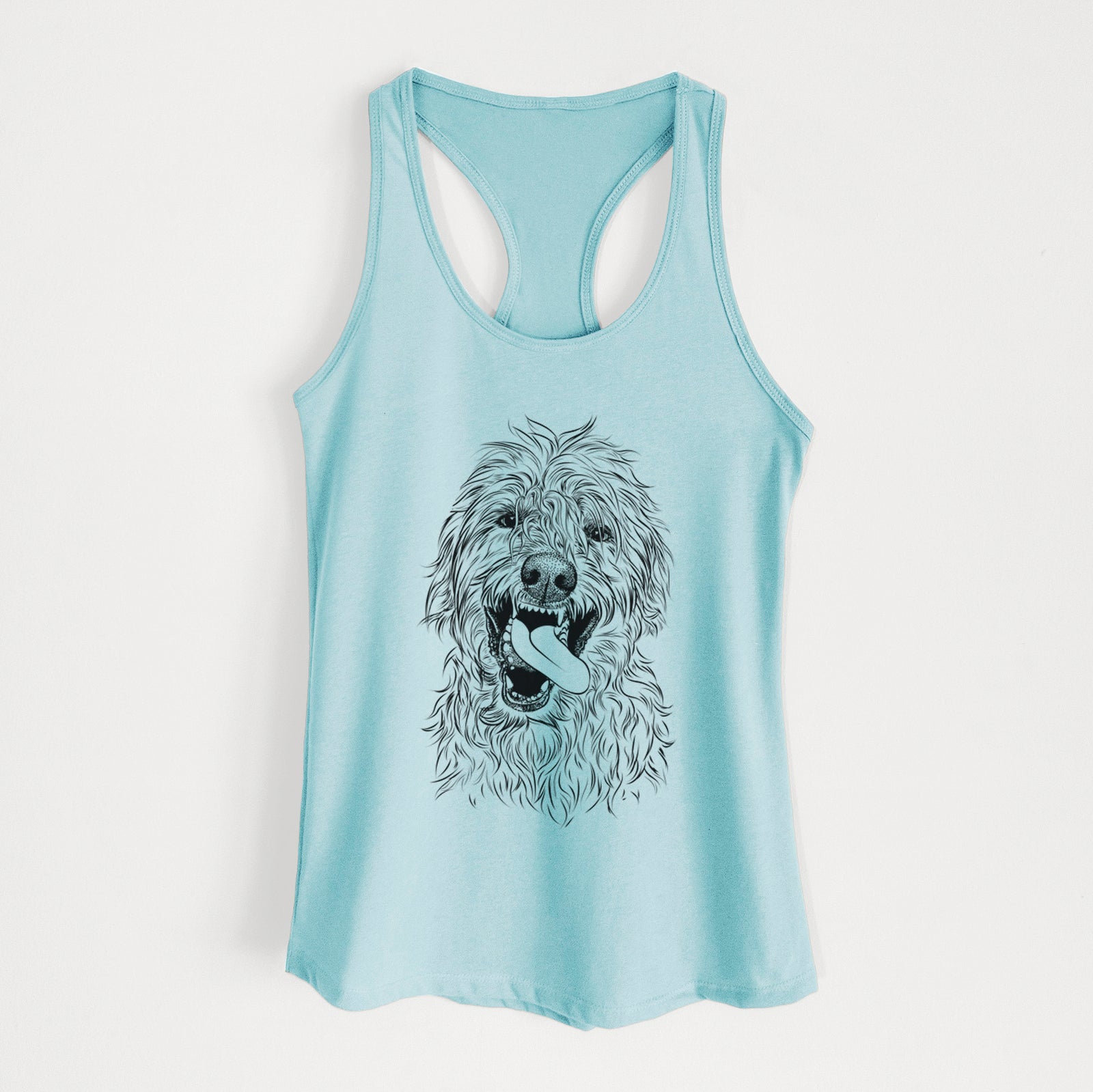 Hand-drawn sketch of Groot the Irish Wolfhound on a Cancun Blue Women's racerback tanktop