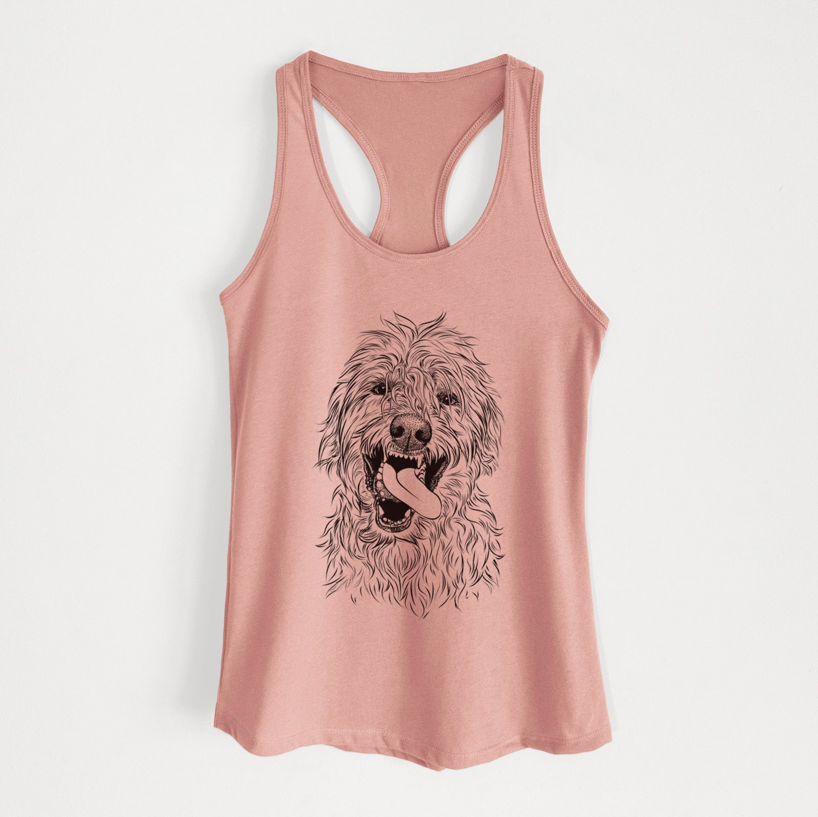 Hand-drawn sketch of Groot the Irish Wolfhound on a Desert Pink Women's racerback tanktop