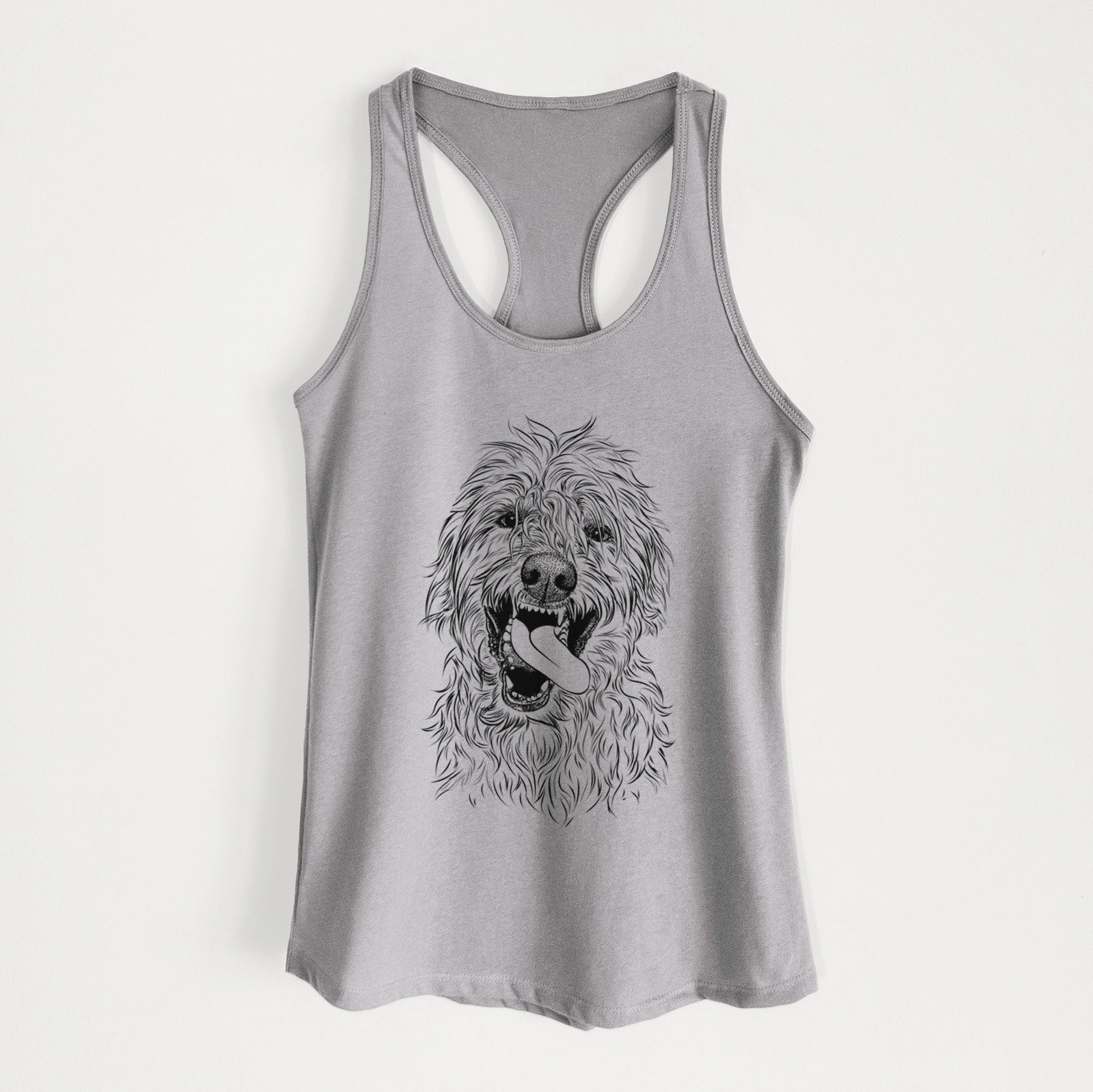 Hand-drawn sketch of Groot the Irish Wolfhound on a Heather Grey Women's racerback tanktop