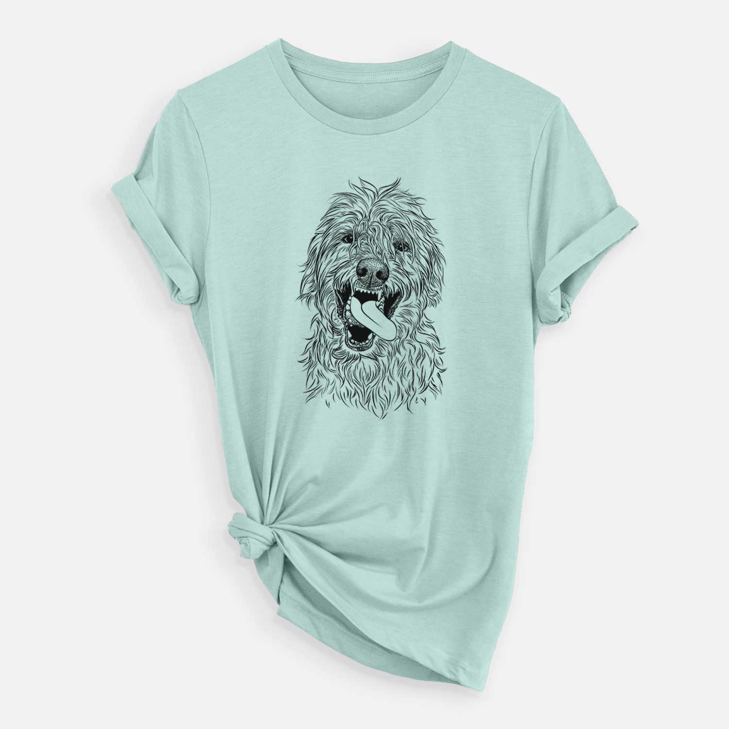 Hand-drawn sketch of Groot the Irish Wolfhound on a Heather Sage Unisex crewneck