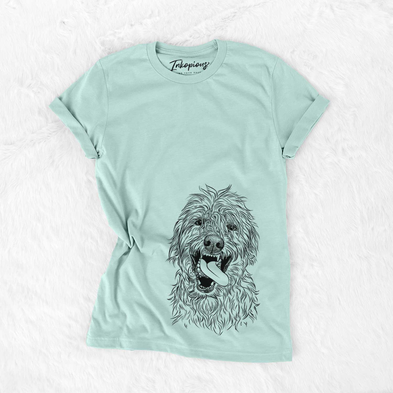 Hand-drawn sketch of Groot the Irish Wolfhound on a Heather Sage Unisex crewneck