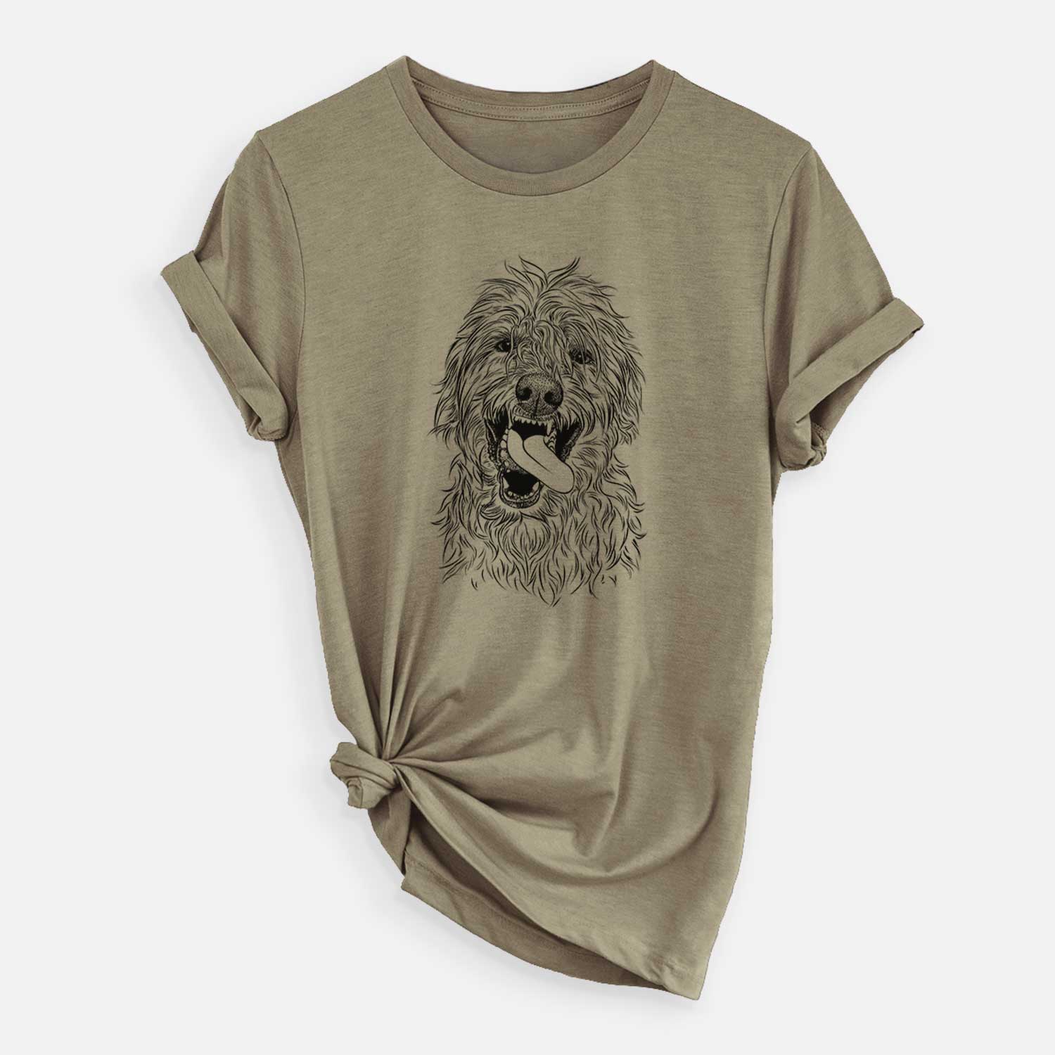 Hand-drawn sketch of Groot the Irish Wolfhound on an Olive Unisex crewneck
