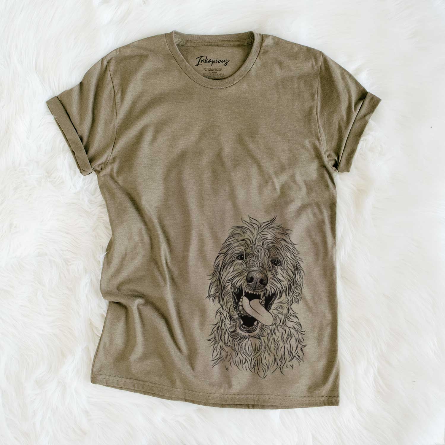 Hand-drawn sketch of Groot the Irish Wolfhound on an Olive Unisex crewneck