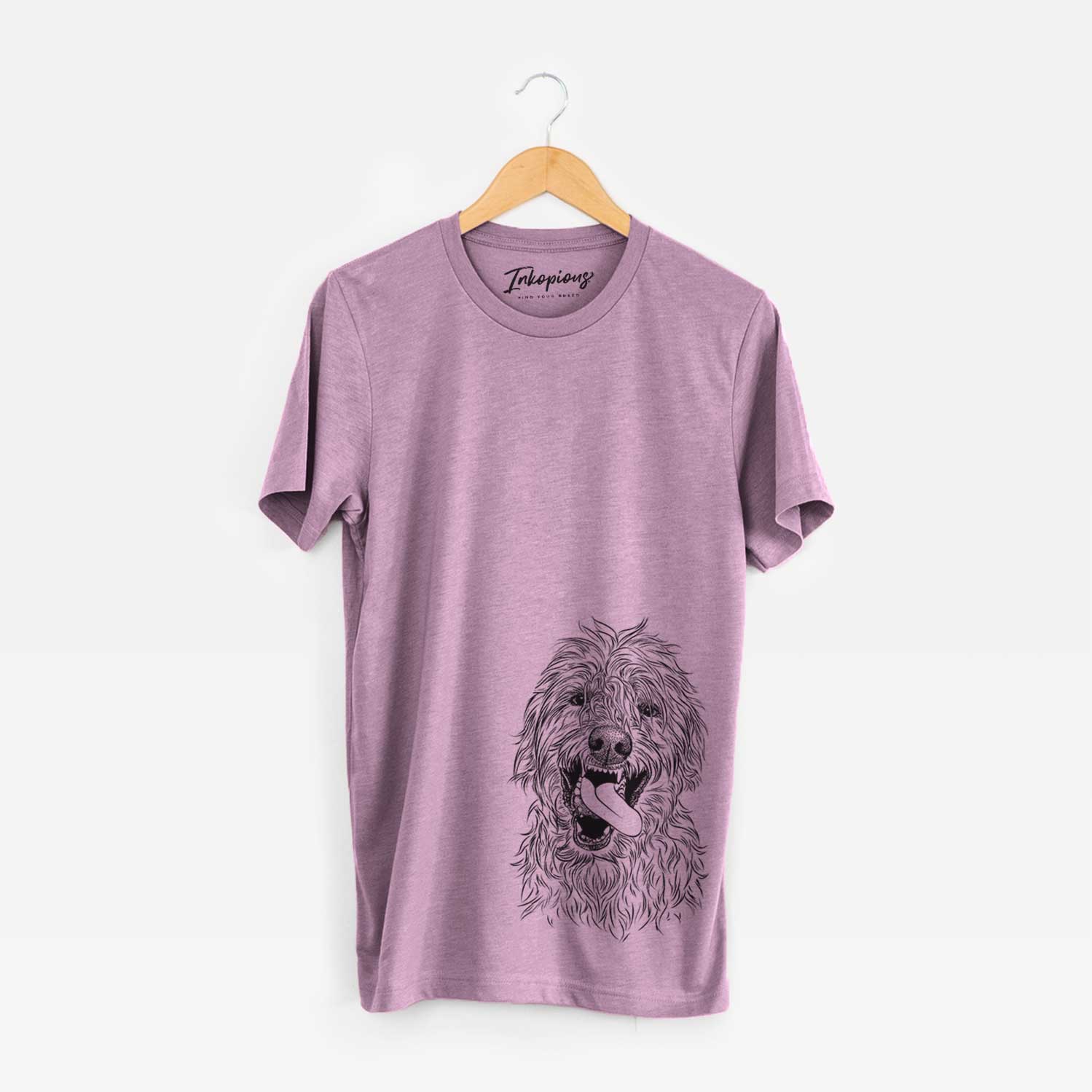 Hand-drawn sketch of Groot the Irish Wolfhound on an Orchid Unisex crewneck