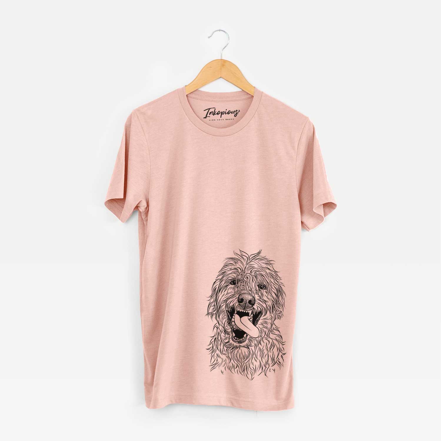 Hand-drawn sketch of Groot the Irish Wolfhound on a Peach Unisex crewneck