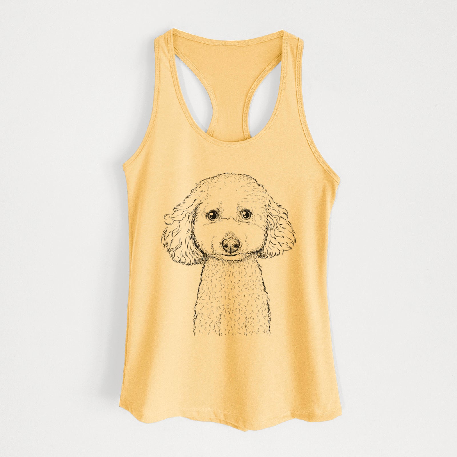 Hand-drawn sketch of Guinness the Toy Poodle Mix on a Banana Cream Women's racerback tanktop