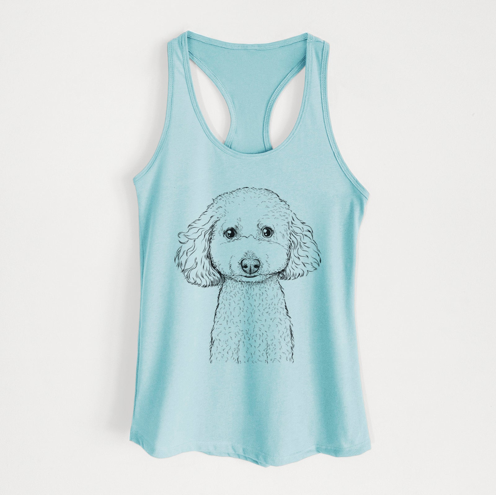 Hand-drawn sketch of Guinness the Toy Poodle Mix on a Cancun Blue Women's racerback tanktop