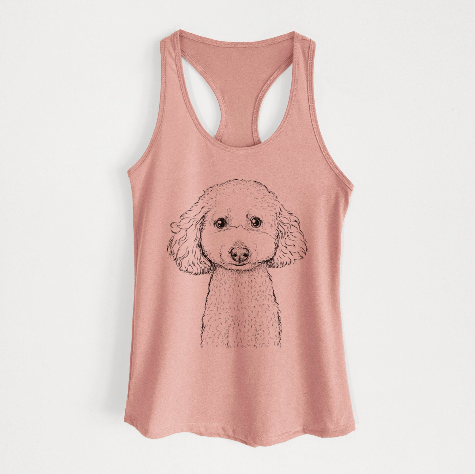 Hand-drawn sketch of Guinness the Toy Poodle Mix on a Desert Pink Women's racerback tanktop