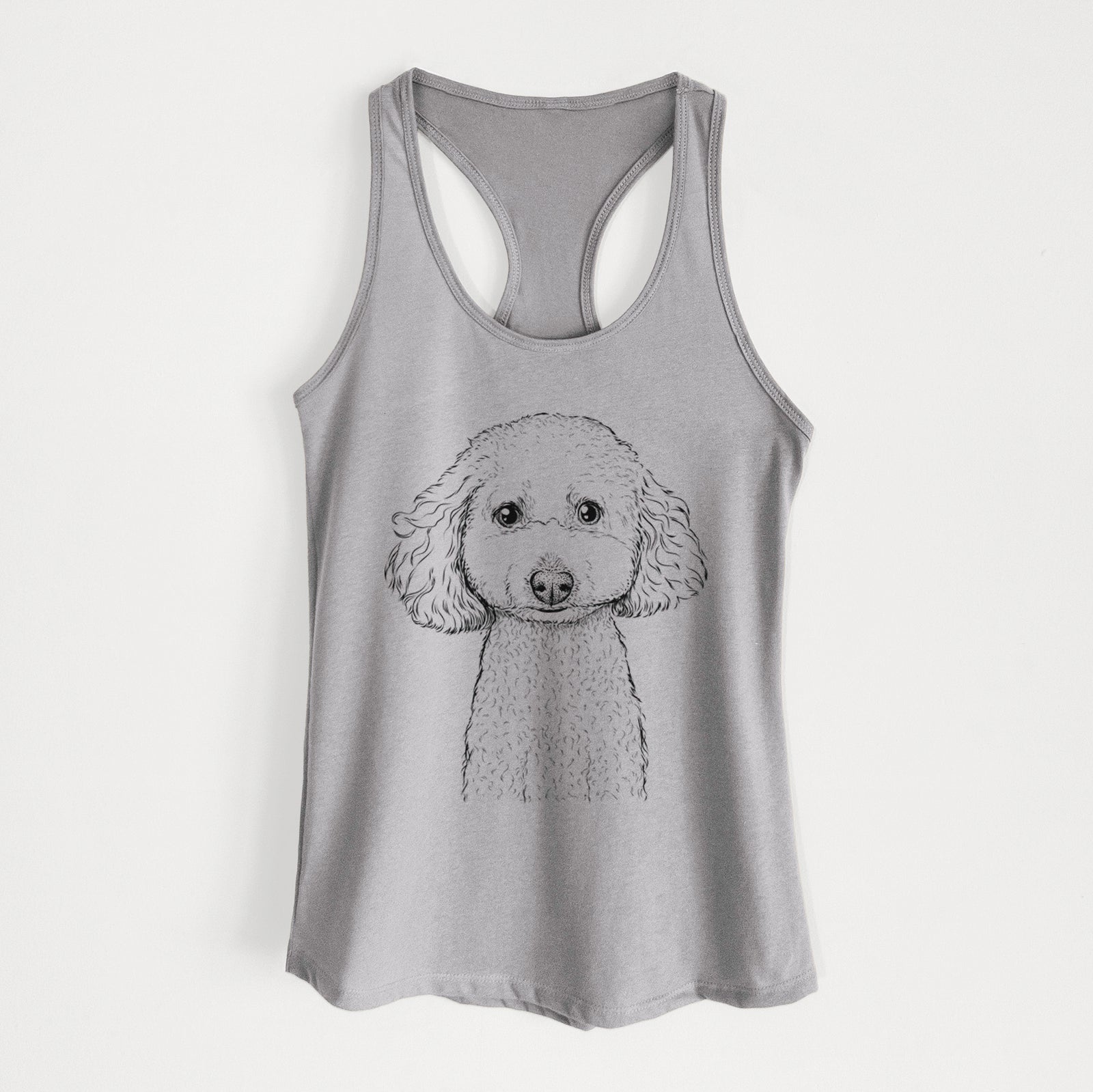 Hand-drawn sketch of Guinness the Toy Poodle Mix on a Heather Grey Women's racerback tanktop