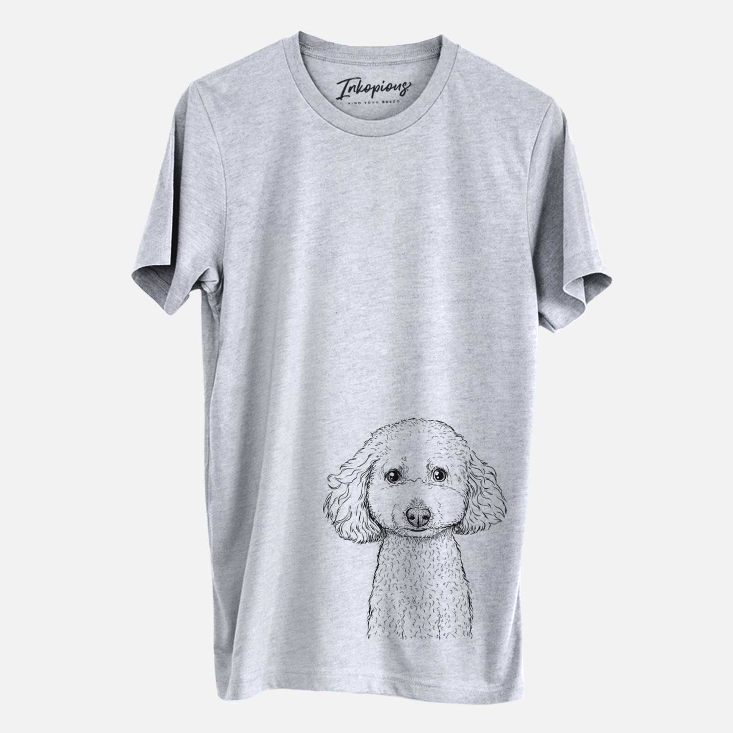 Hand-drawn sketch of Guinness the Toy Poodle Mix on a Grey Unisex crewneck