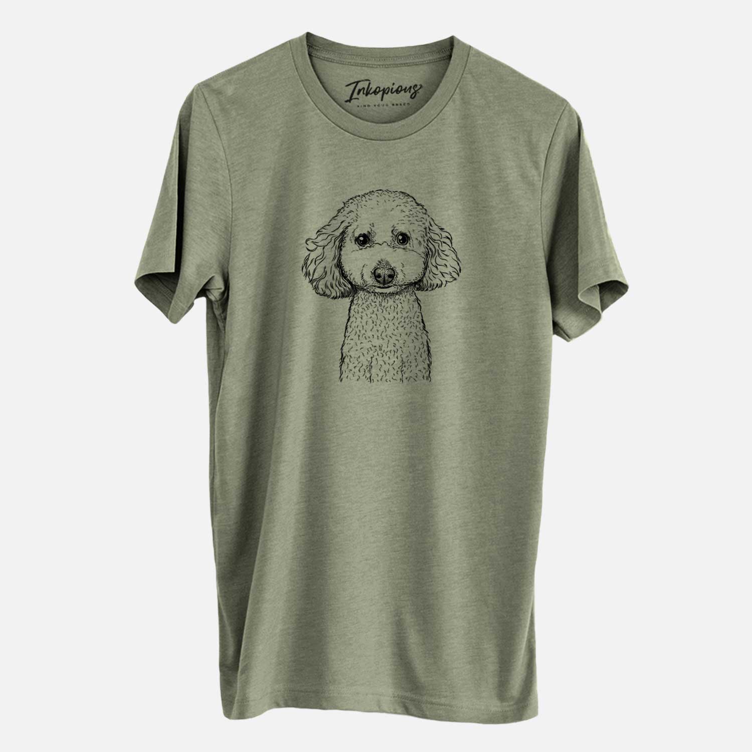 Hand-drawn sketch of Guinness the Toy Poodle Mix on an Olive Unisex crewneck