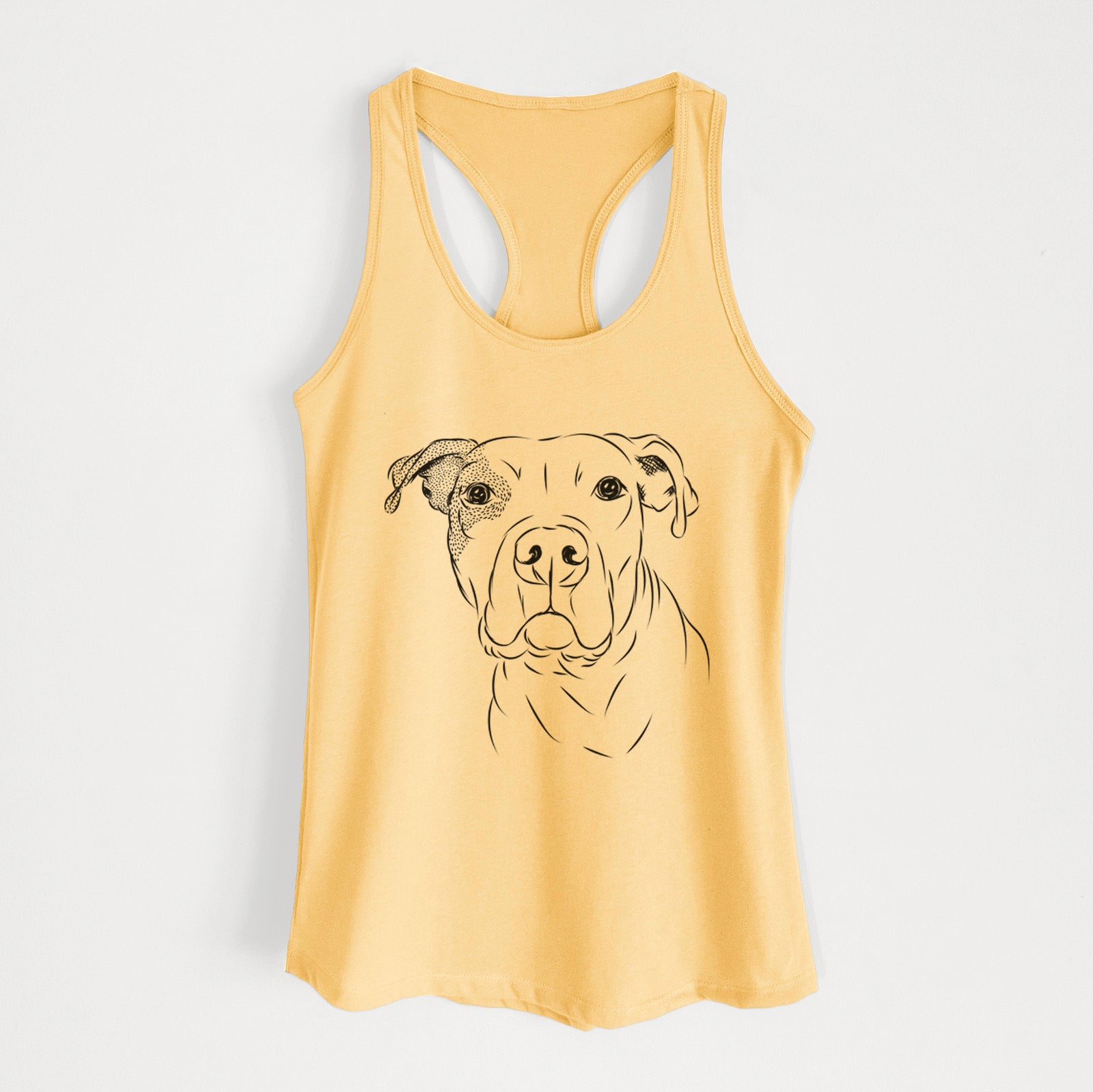 Hand-drawn sketch of Gummy the Pitbull on a Banana Cream Women's racerback tanktop