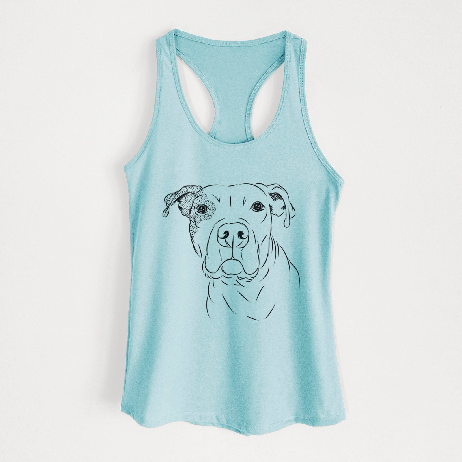 Hand-drawn sketch of Gummy the Pitbull on a Cancun Blue Women's racerback tanktop