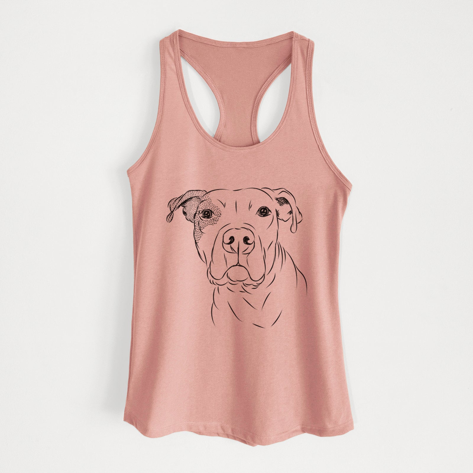Hand-drawn sketch of Gummy the Pitbull on a Desert Pink Women's racerback tanktop