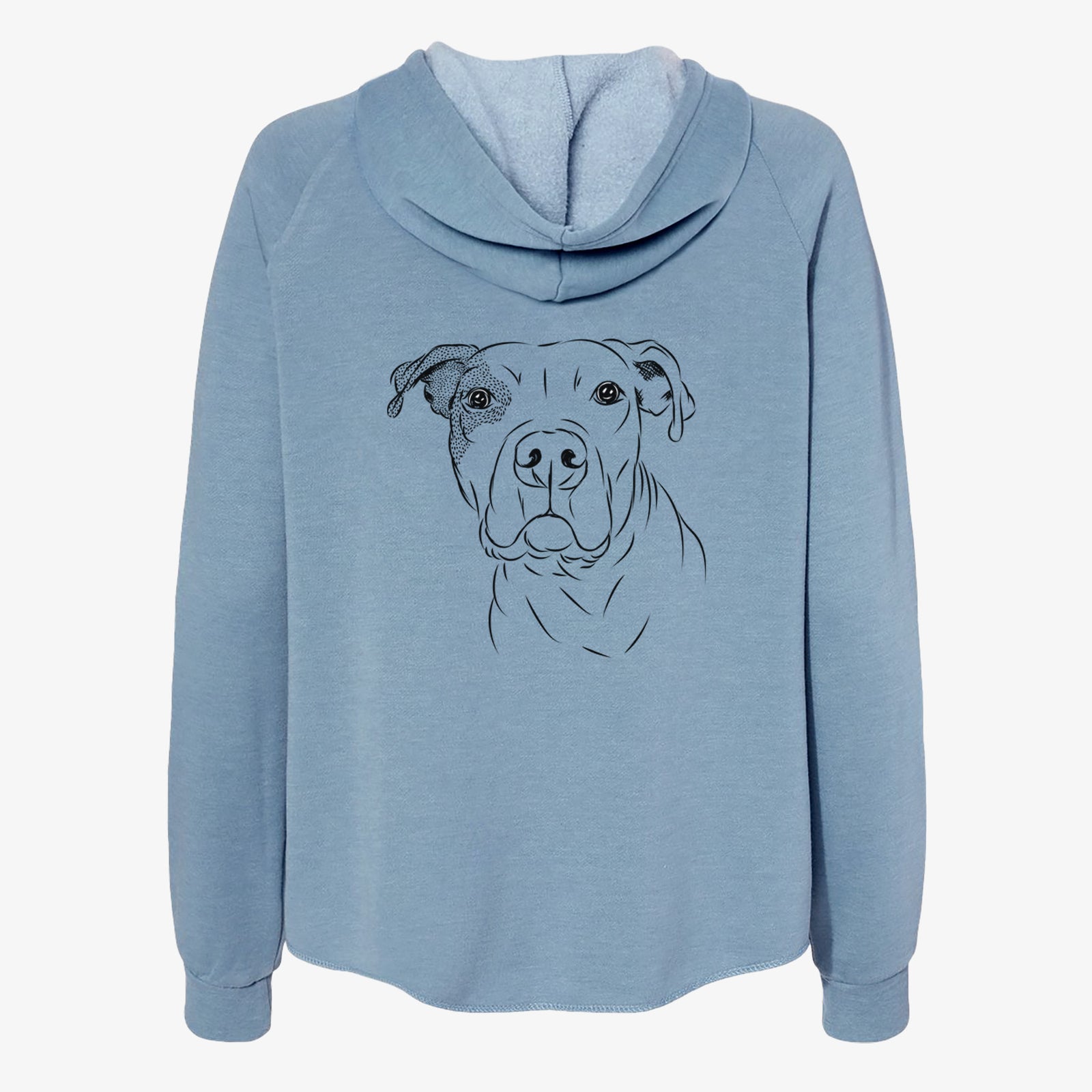 Hand-drawn sketch of Gummy the Pitbull on a Misty Blue Women's cali wave zip-up sweatshirt