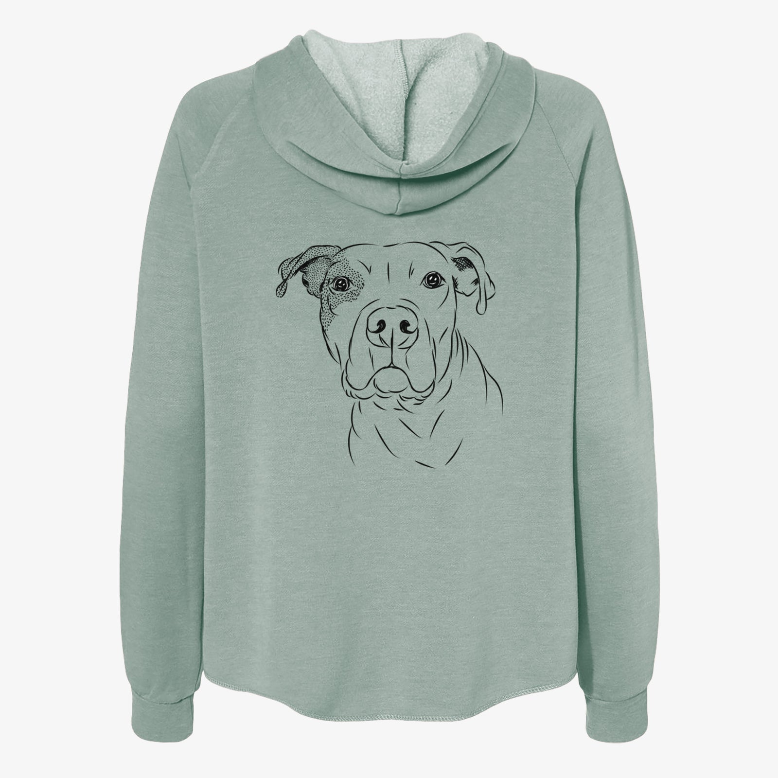 Hand-drawn sketch of Gummy the Pitbull on a Sage Women's cali wave zip-up sweatshirt
