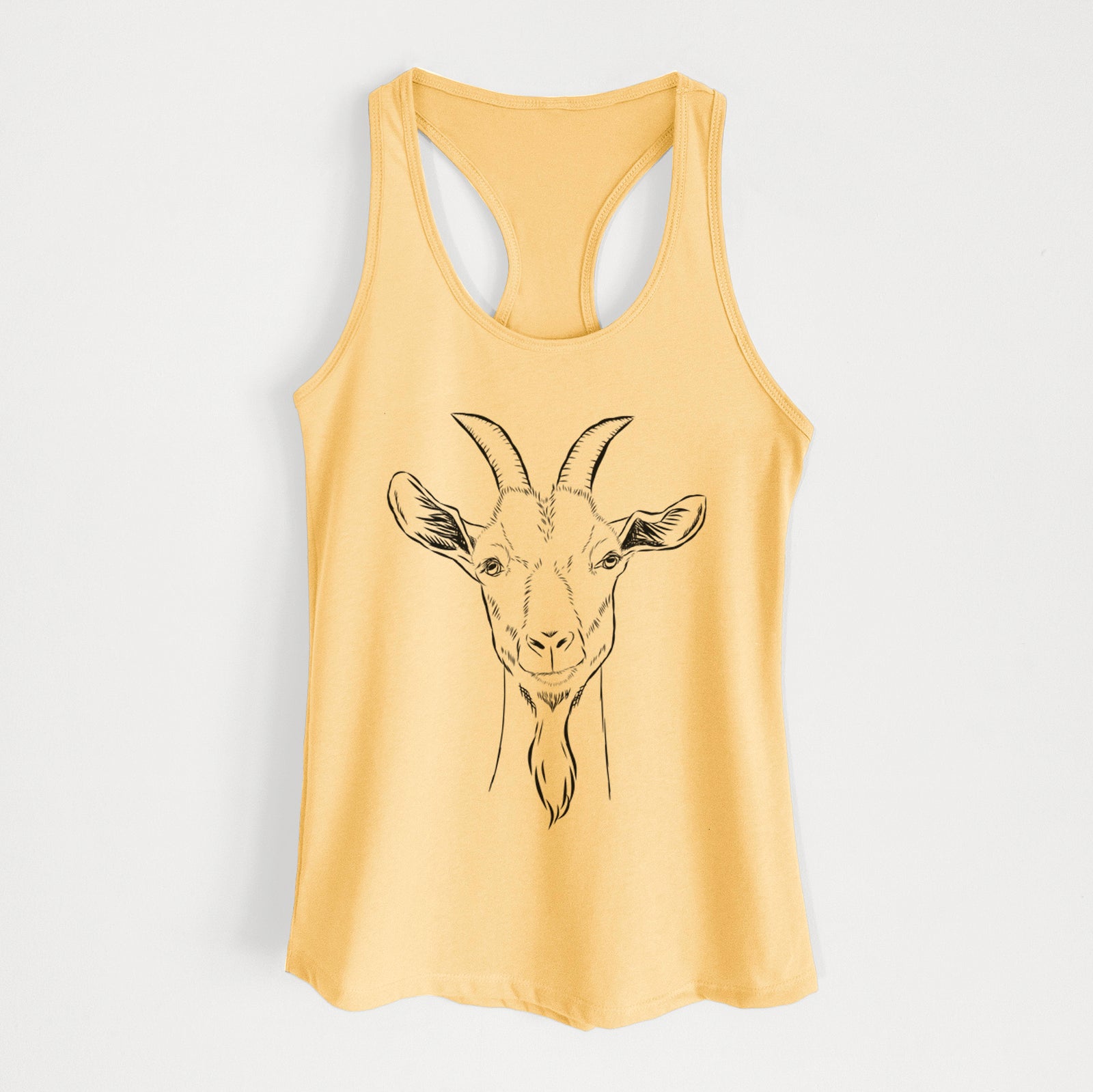 Hand-drawn sketch of Gunnar the Goat on a Banana Cream Women's racerback tanktop