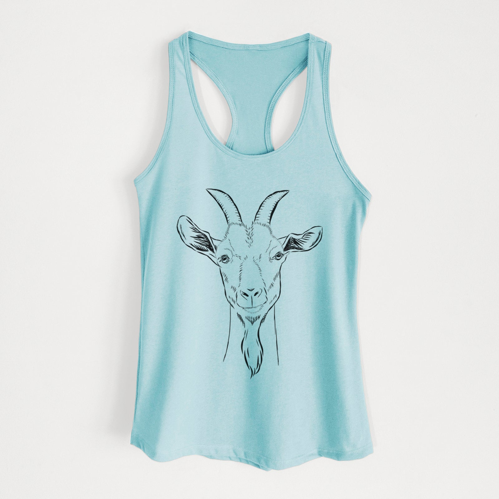 Hand-drawn sketch of Gunnar the Goat on a Cancun Blue Women's racerback tanktop