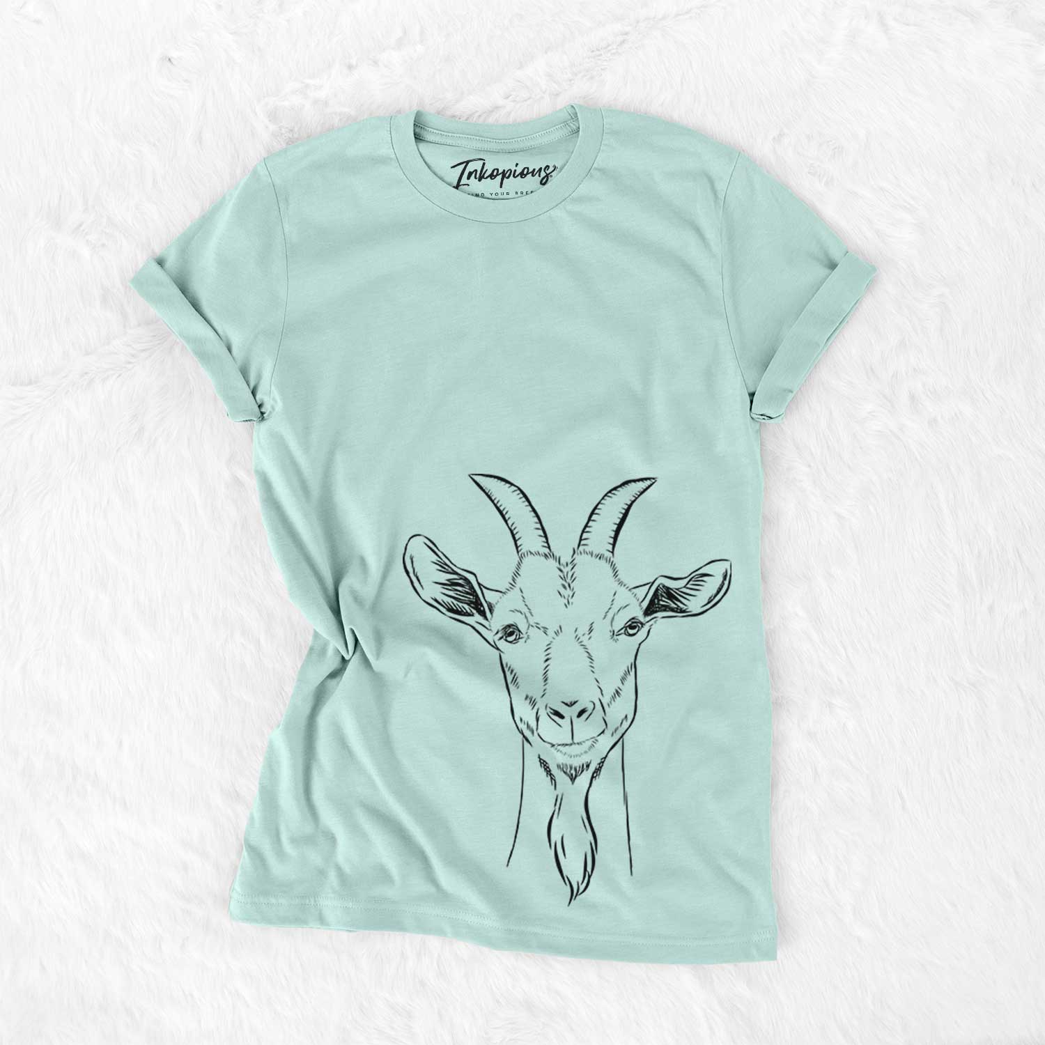 Hand-drawn sketch of Gunnar the Goat on a Heather Sage Bella Canvas Unisex Crewneck