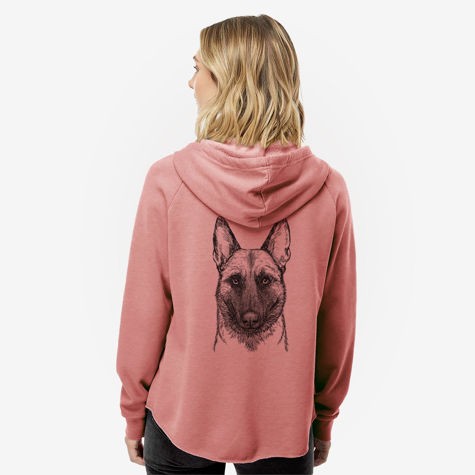 Hand-drawn sketch of Gunther the Belgian Malinois on a Dusty Rose Women's cali wave zip-up sweatshirt