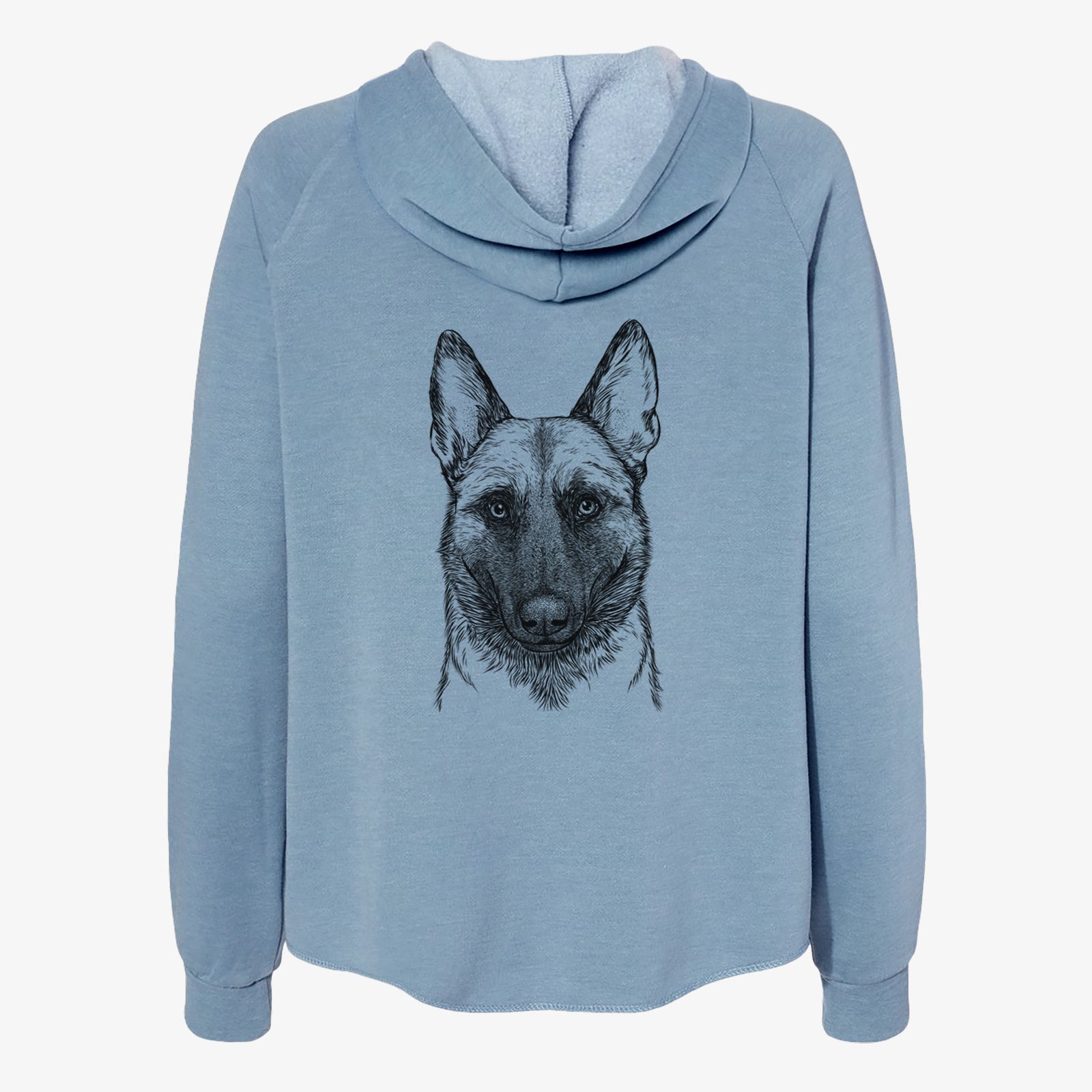 Hand-drawn sketch of Gunther the Belgian Malinois on a Misty Blue Women's cali wave zip-up sweatshirt
