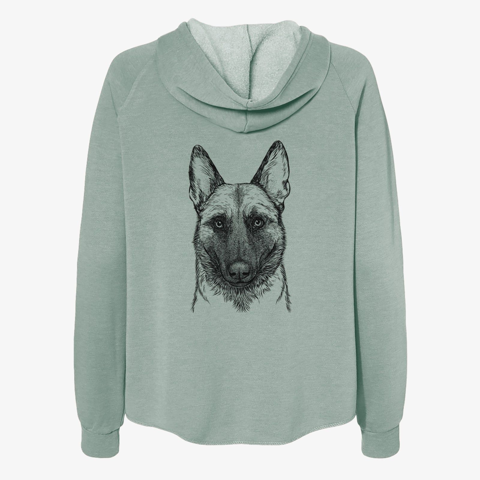Hand-drawn sketch of Gunther the Belgian Malinois on a Sage Women's cali wave zip-up sweatshirt