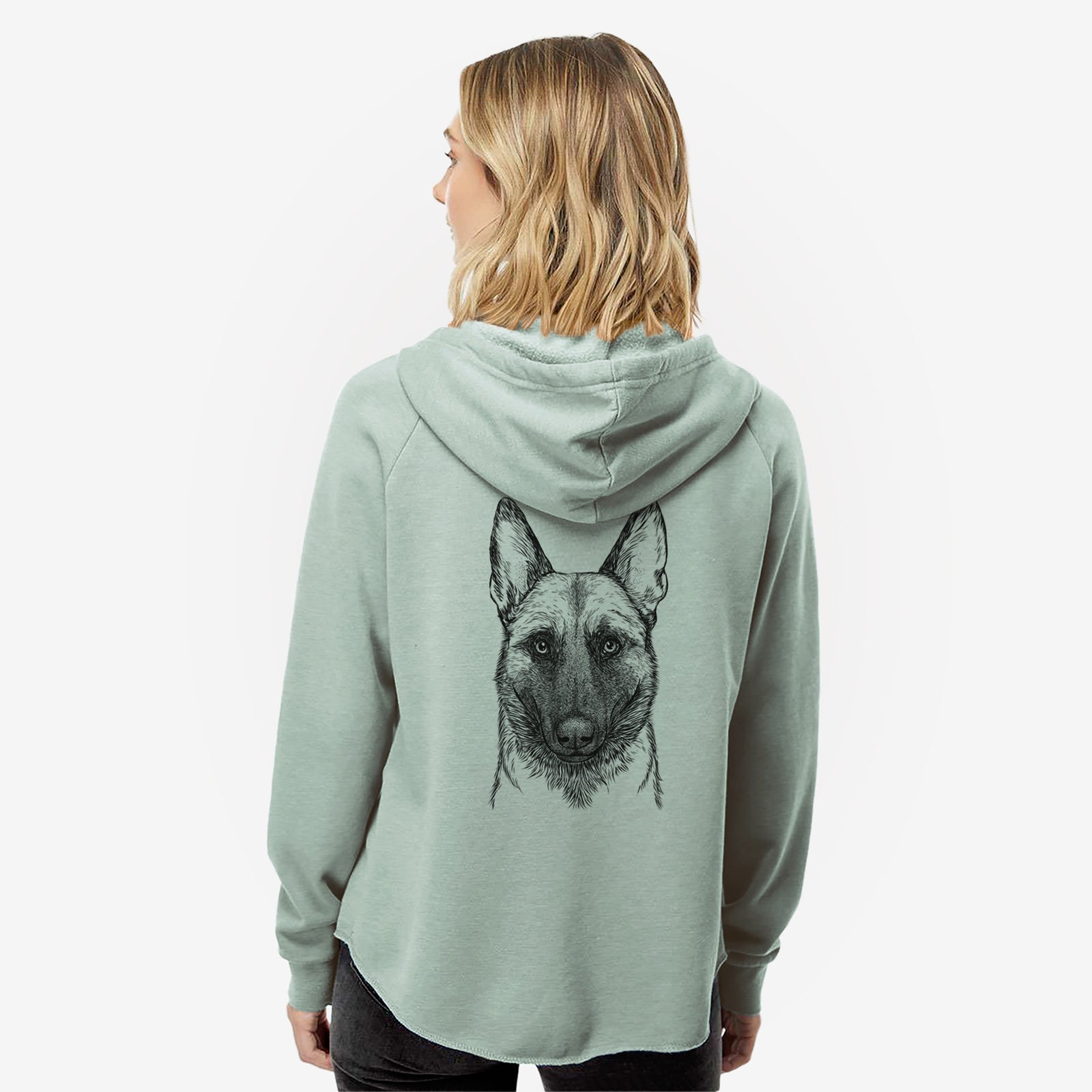 Hand-drawn sketch of Gunther the Belgian Malinois on a Sage Women's cali wave zip-up sweatshirt