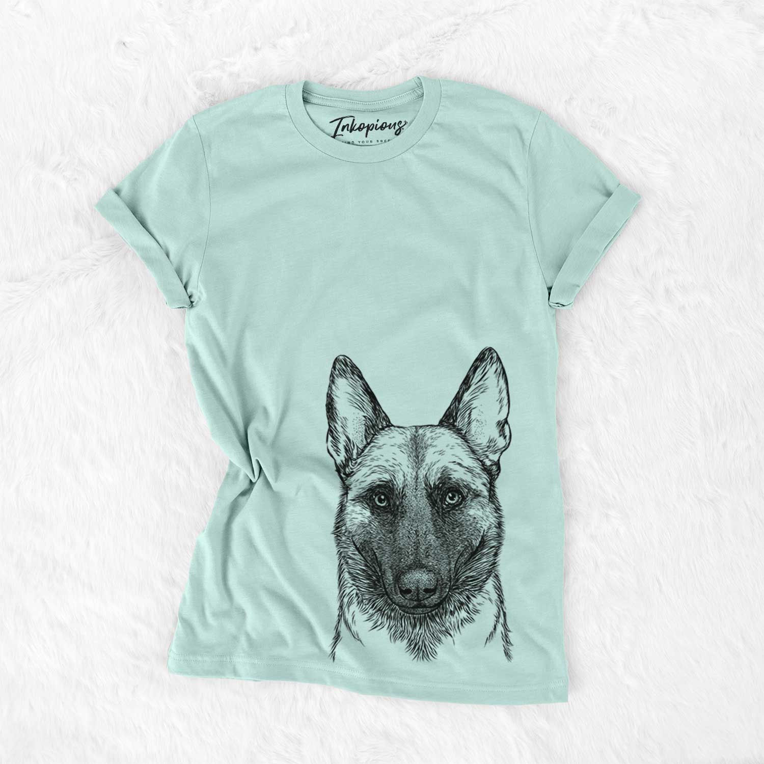 Hand-drawn sketch of Gunther the Belgian Malinois on a Heather Sage Bella Canvas Unisex Crewneck