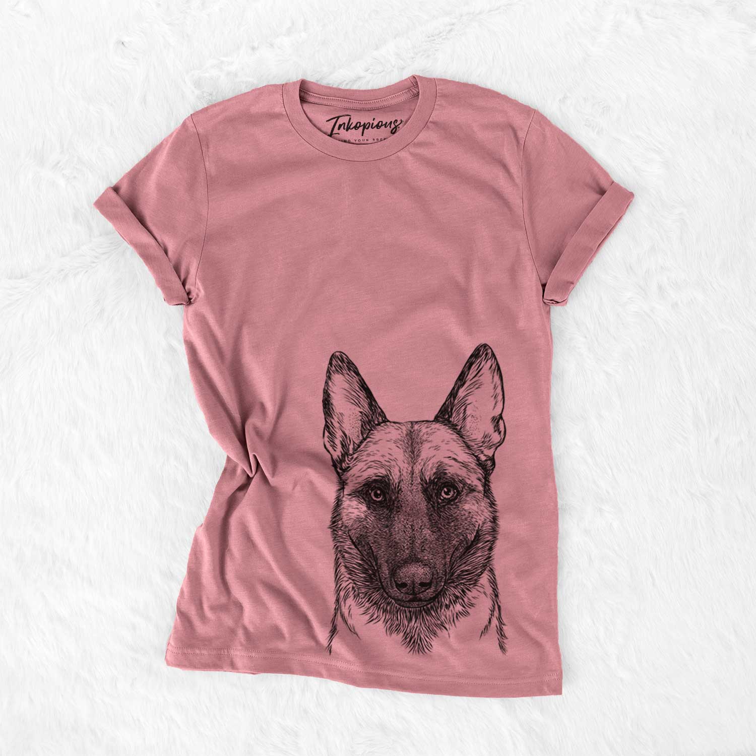 Hand-drawn sketch of Gunther the Belgian Malinois on a Mauve Bella Canvas Unisex Crewneck