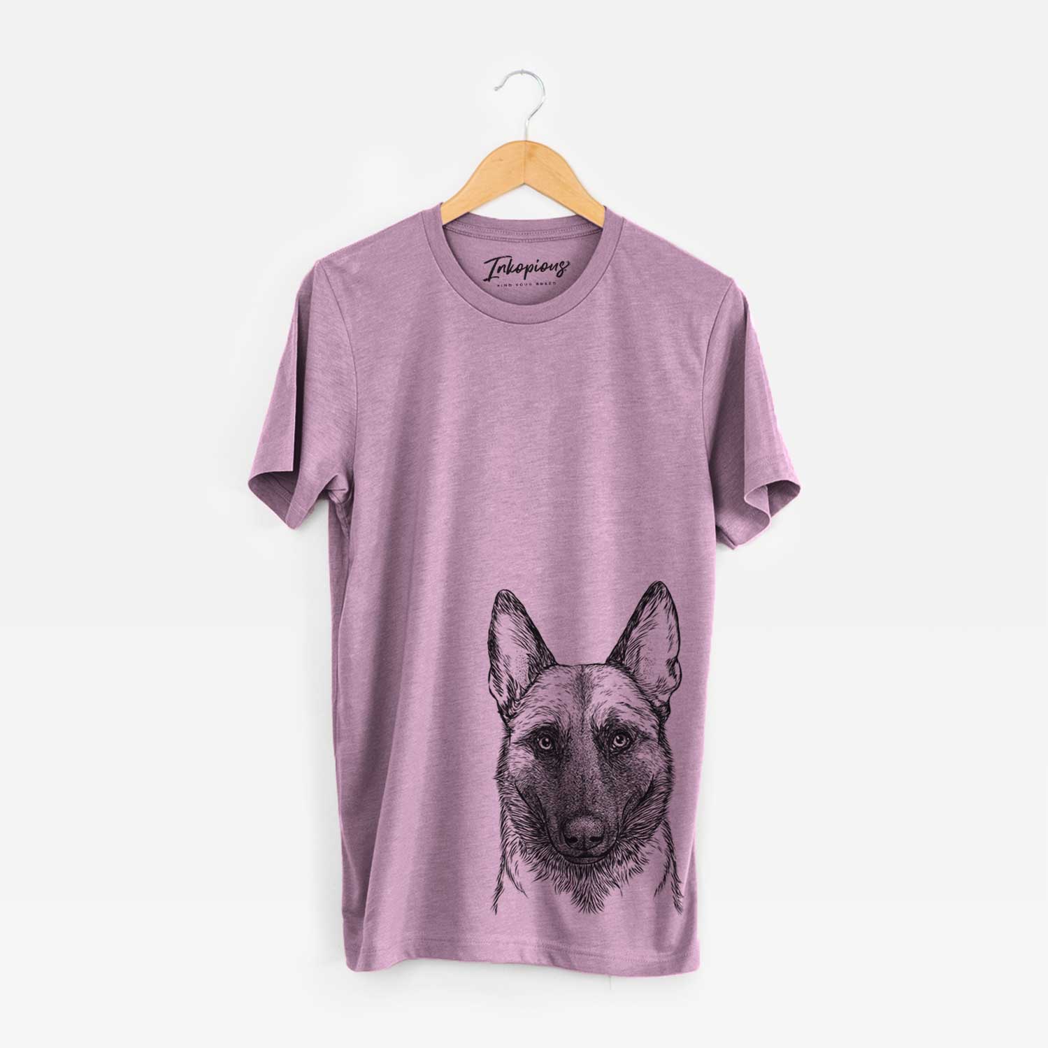 Hand-drawn sketch of Gunther the Belgian Malinois on an Orchid Bella Canvas Unisex Crewneck